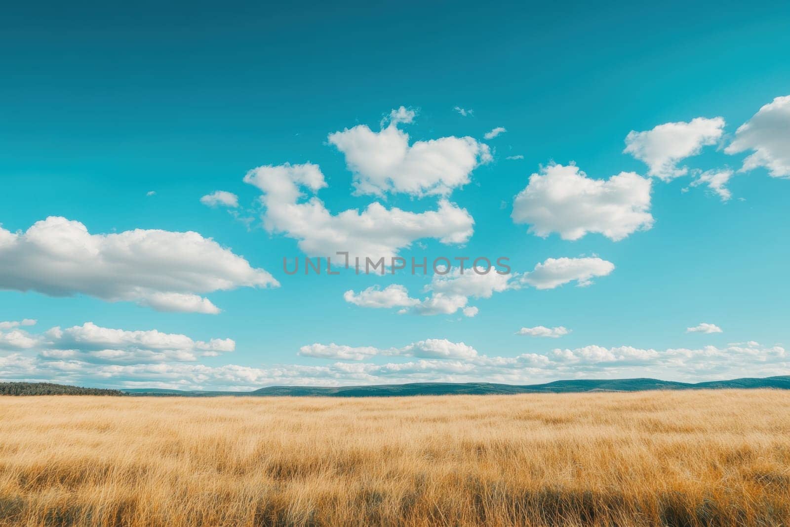 A field of tall grass with a clear blue sky above. The sky is dotted with clouds, giving the scene a peaceful and serene atmosphere