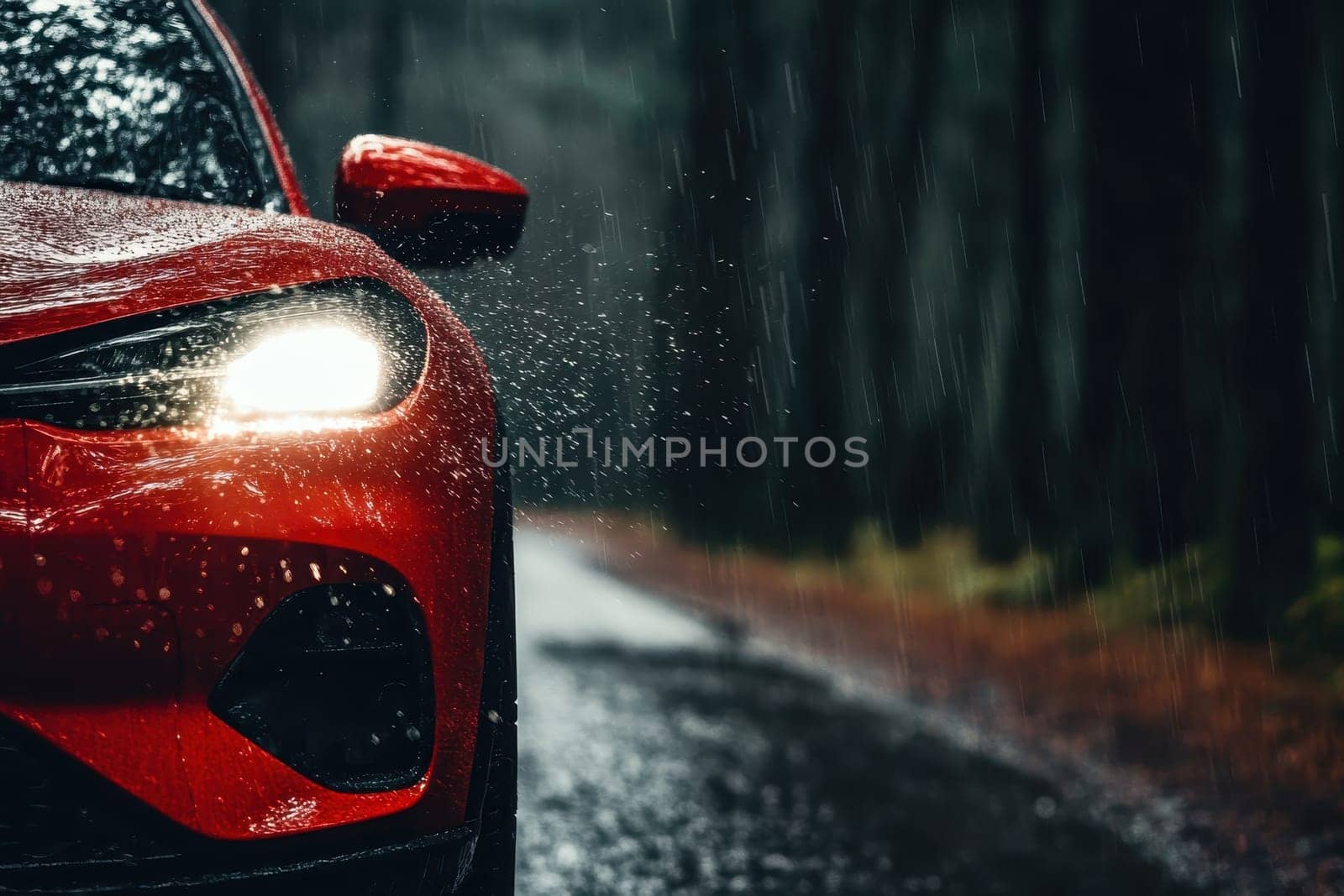 A red car is driving down a wet road. The headlights are on, illuminating the car and the rain. Scene is somewhat ominous, as the rain and darkness create a sense of danger and uncertainty