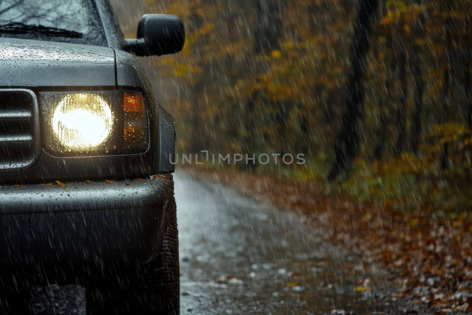 A car is driving down a road in the rain. The headlights are on and the windshield wipers are moving. The car is parked on the side of the road