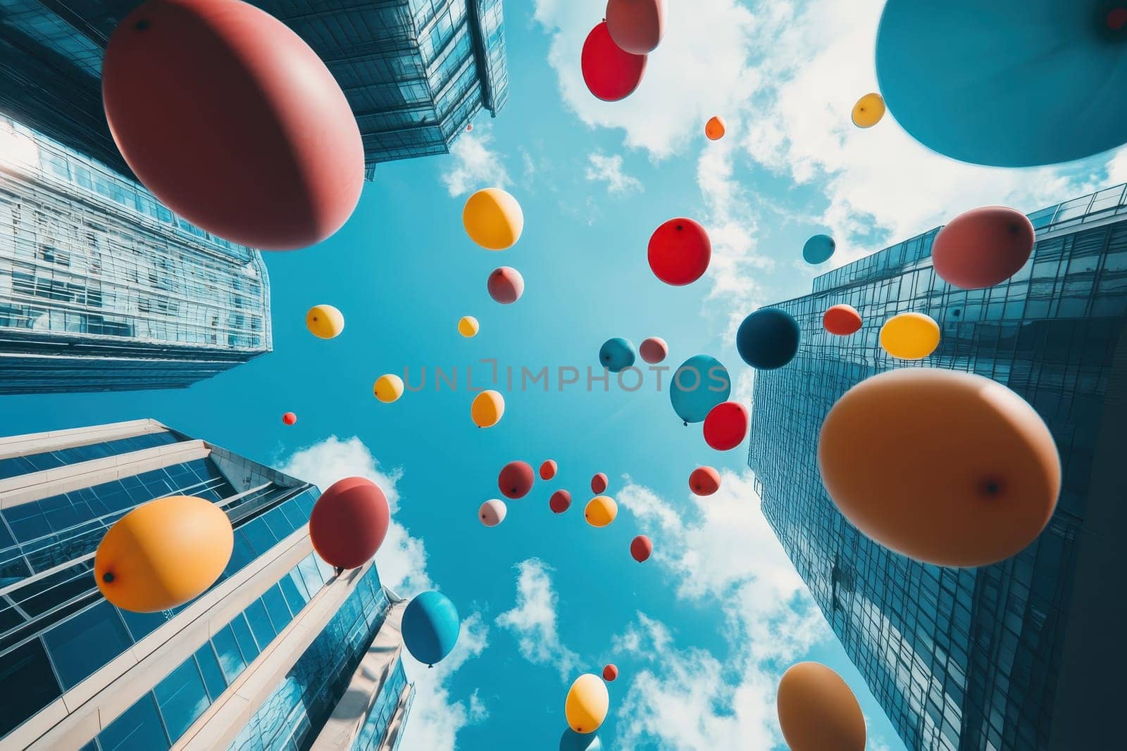 A bunch of balloons are floating in the sky above a city. The balloons are of different colors, including red, yellow, and orange. Concept of joy and celebration
