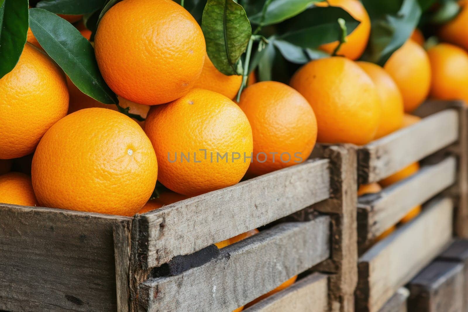 A crate full of oranges is sitting on a wooden table. The crate is filled with oranges of various sizes and colors. The oranges are arranged in a way that they are visible from all angles