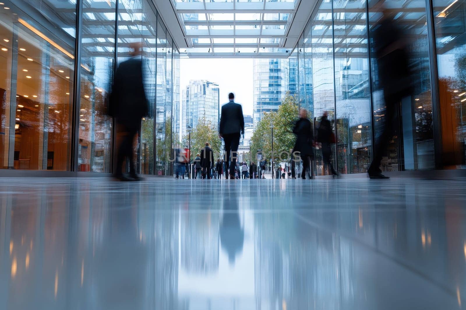 A busy city street with people walking and a glass ceiling above them. Scene is bustling and lively