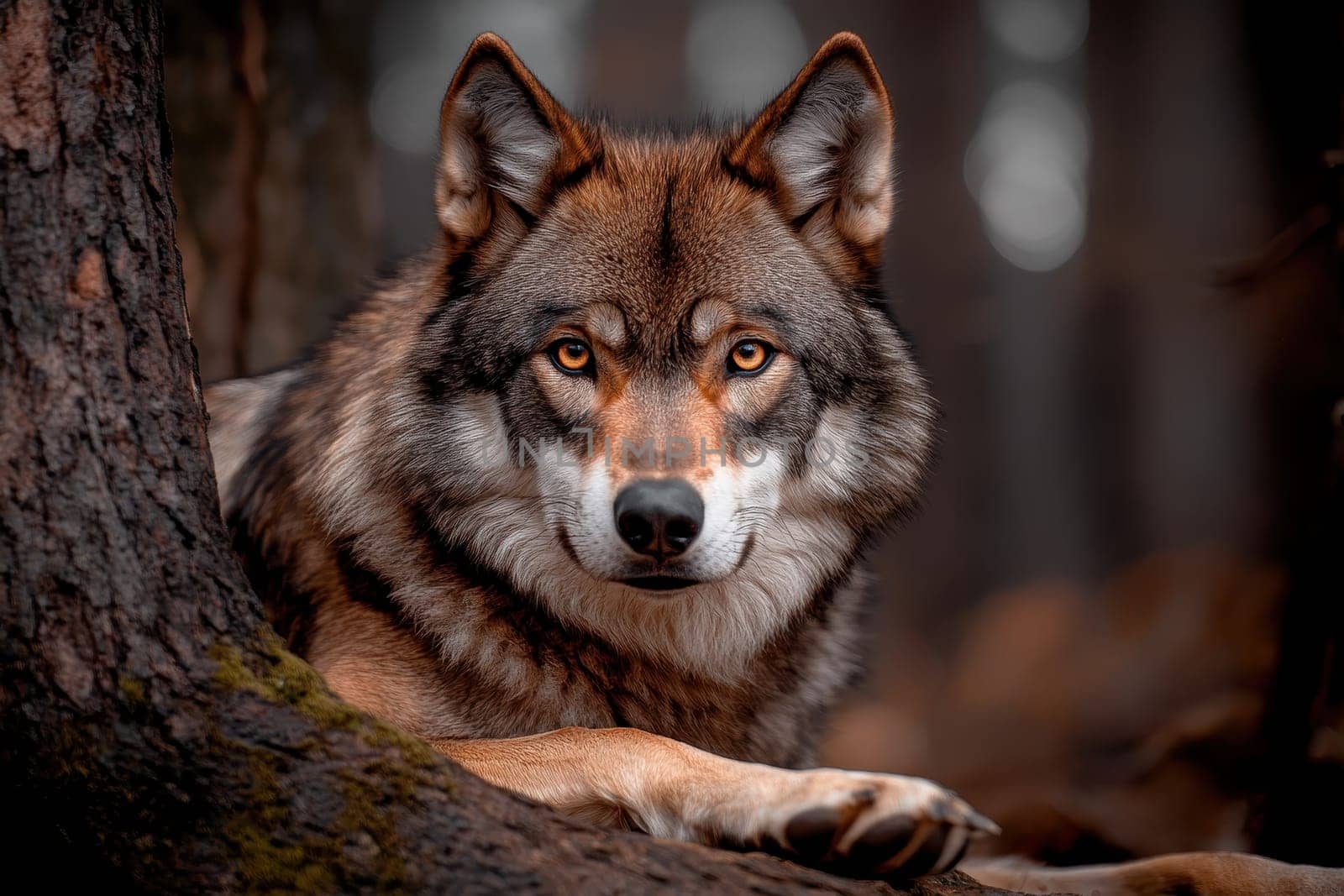 A wolf is laying in a tree with its head up and looking at the camera. Scene is calm and peaceful, as the wolf seems to be enjoying its time in the woods