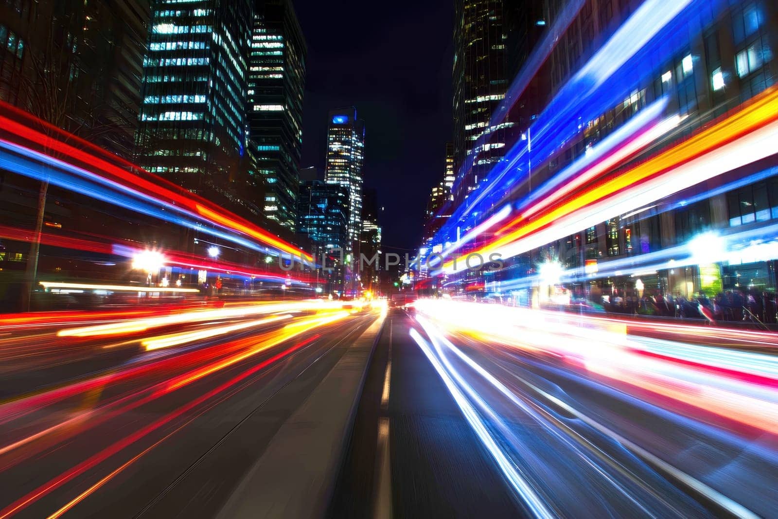A city street at night with a blur of lights from cars and buildings. Concept of motion and energy, as if the city is constantly in motion. The bright lights from the cars