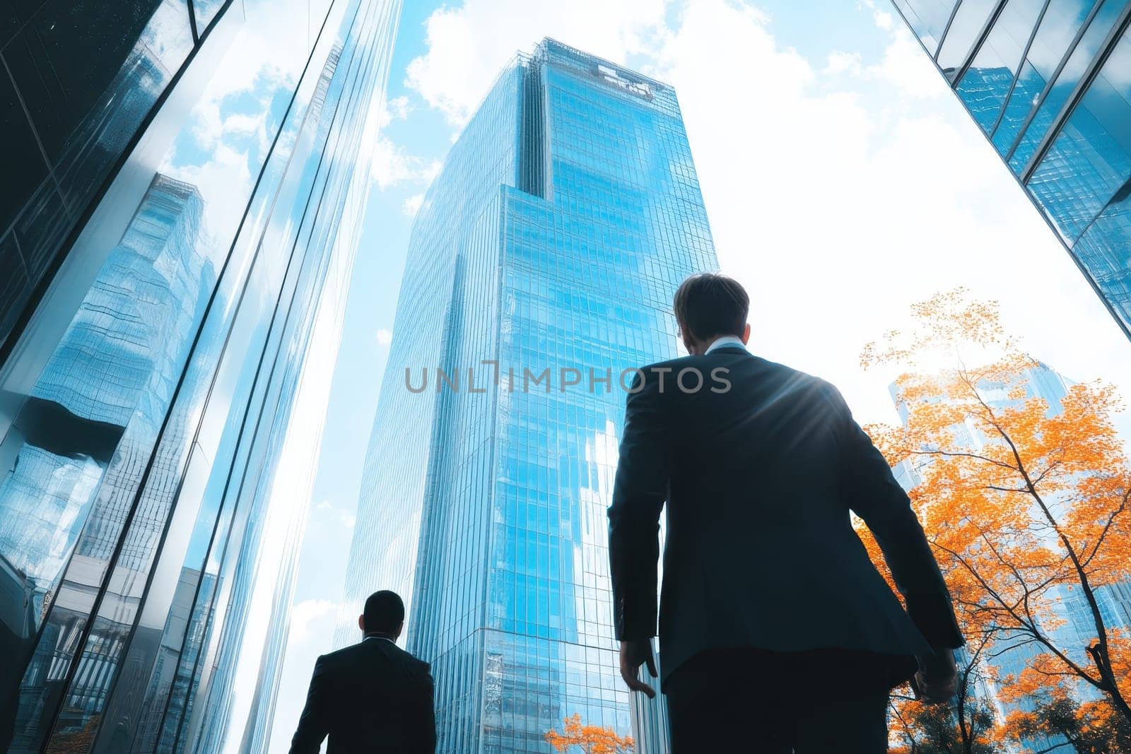 Two men in suits walking in front of a tall building. Scene is professional and serious