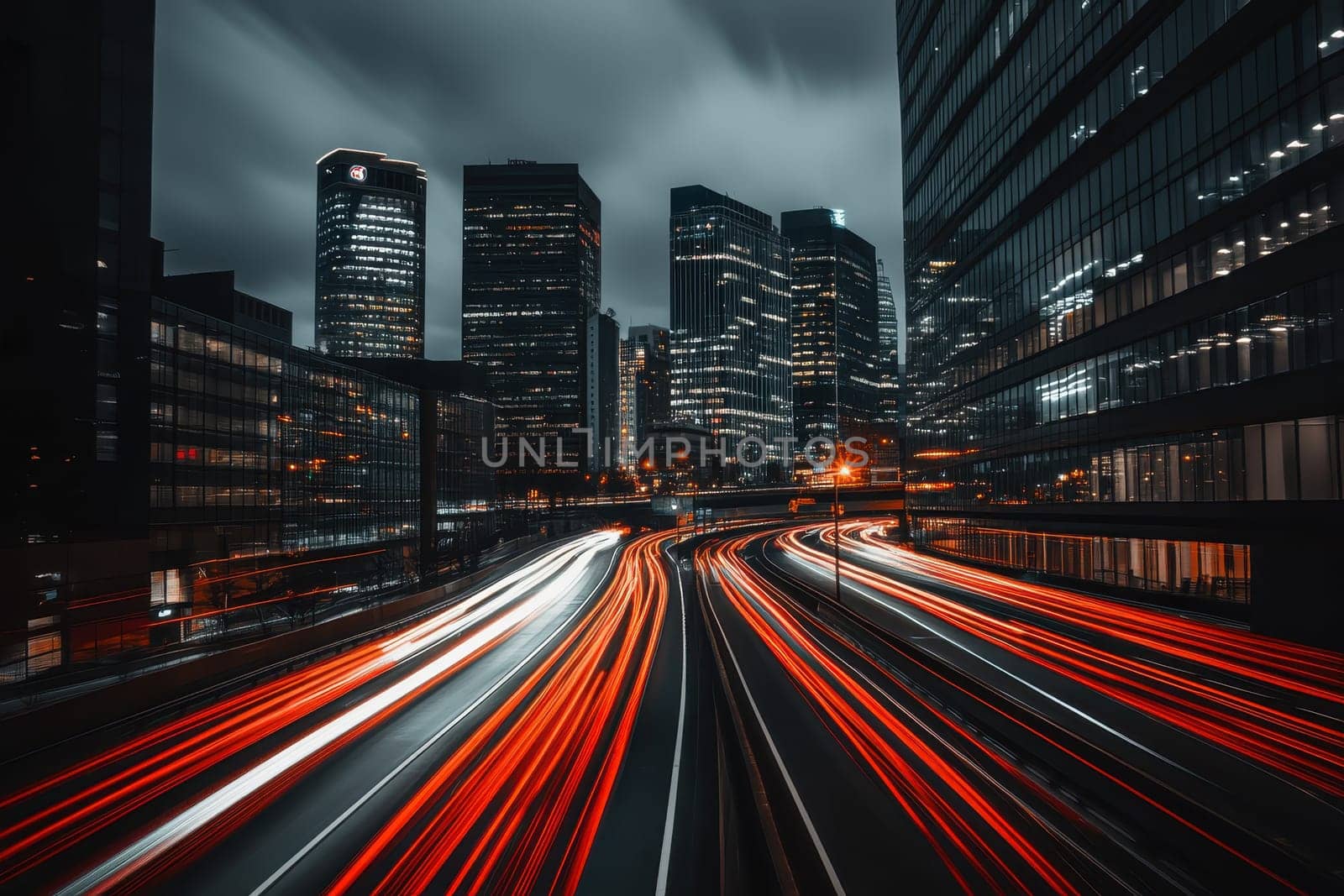 A city street at night with a lot of traffic and tall buildings. The lights from the cars and buildings create a bright and busy atmosphere