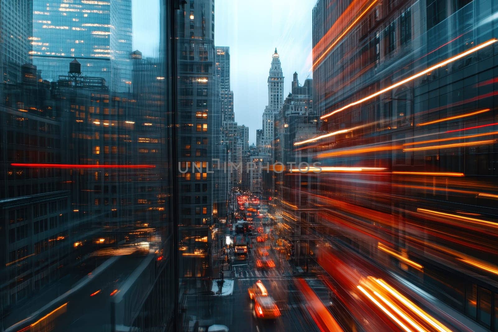 A blurry cityscape with cars and buildings in the background. The city appears to be busy and bustling with activity