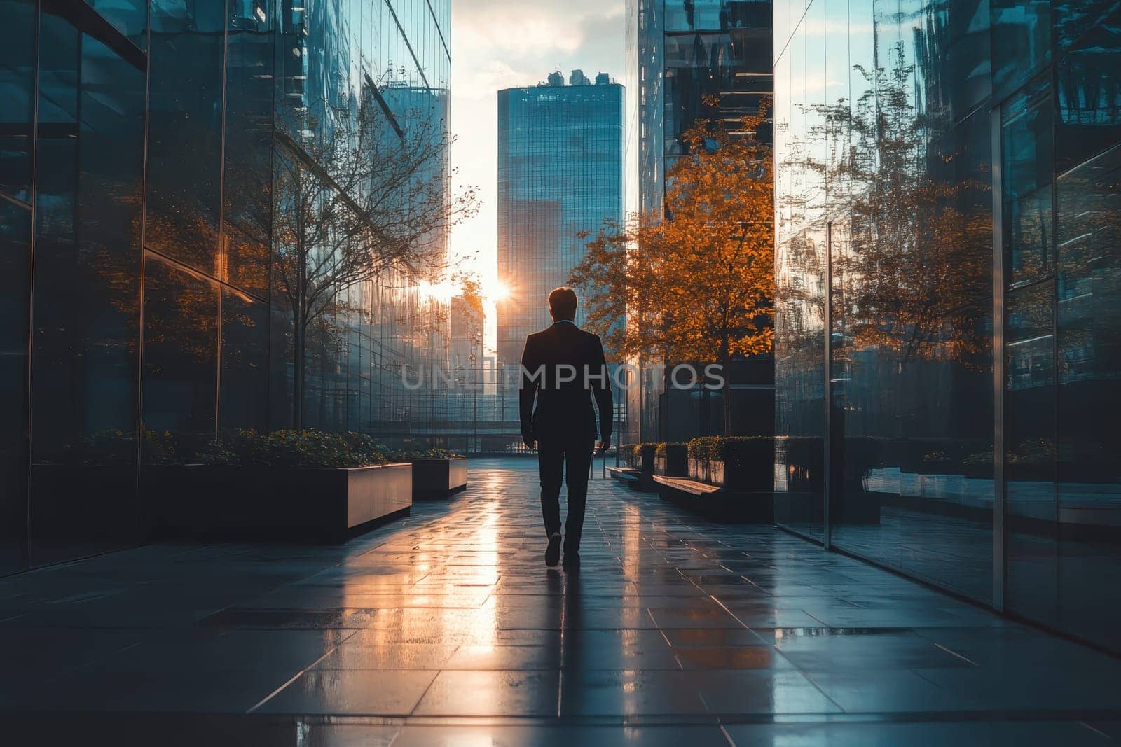 A man walks down a city street at sunset. The buildings are tall and the sky is orange