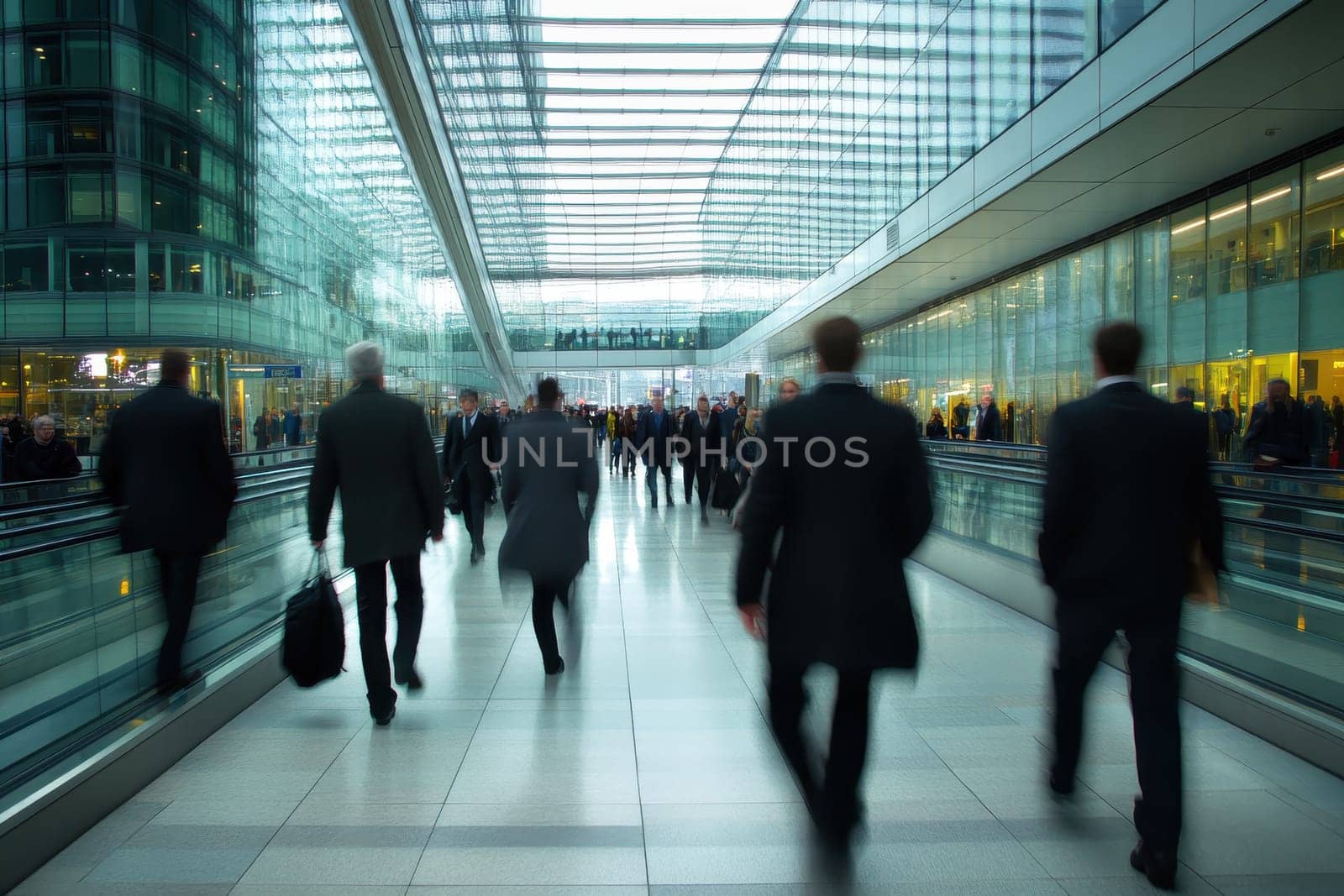 A busy airport terminal with people walking and carrying luggage. The atmosphere is bustling and hectic. The people are dressed in business attire