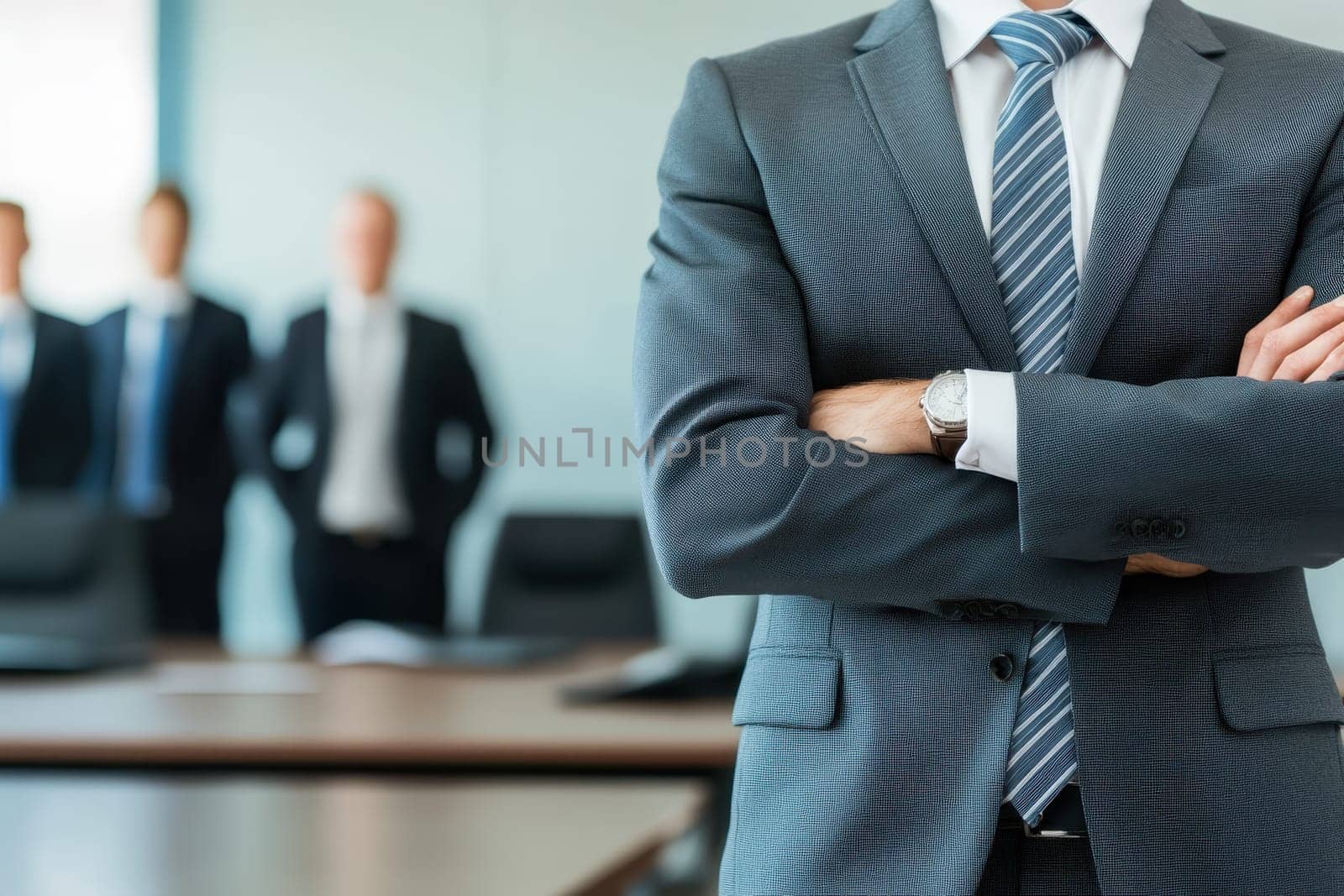 A man in a suit stands in front of three other men in suits. He is wearing a blue tie and has his arms crossed. Concept of professionalism and formality, as the men are dressed in business attire