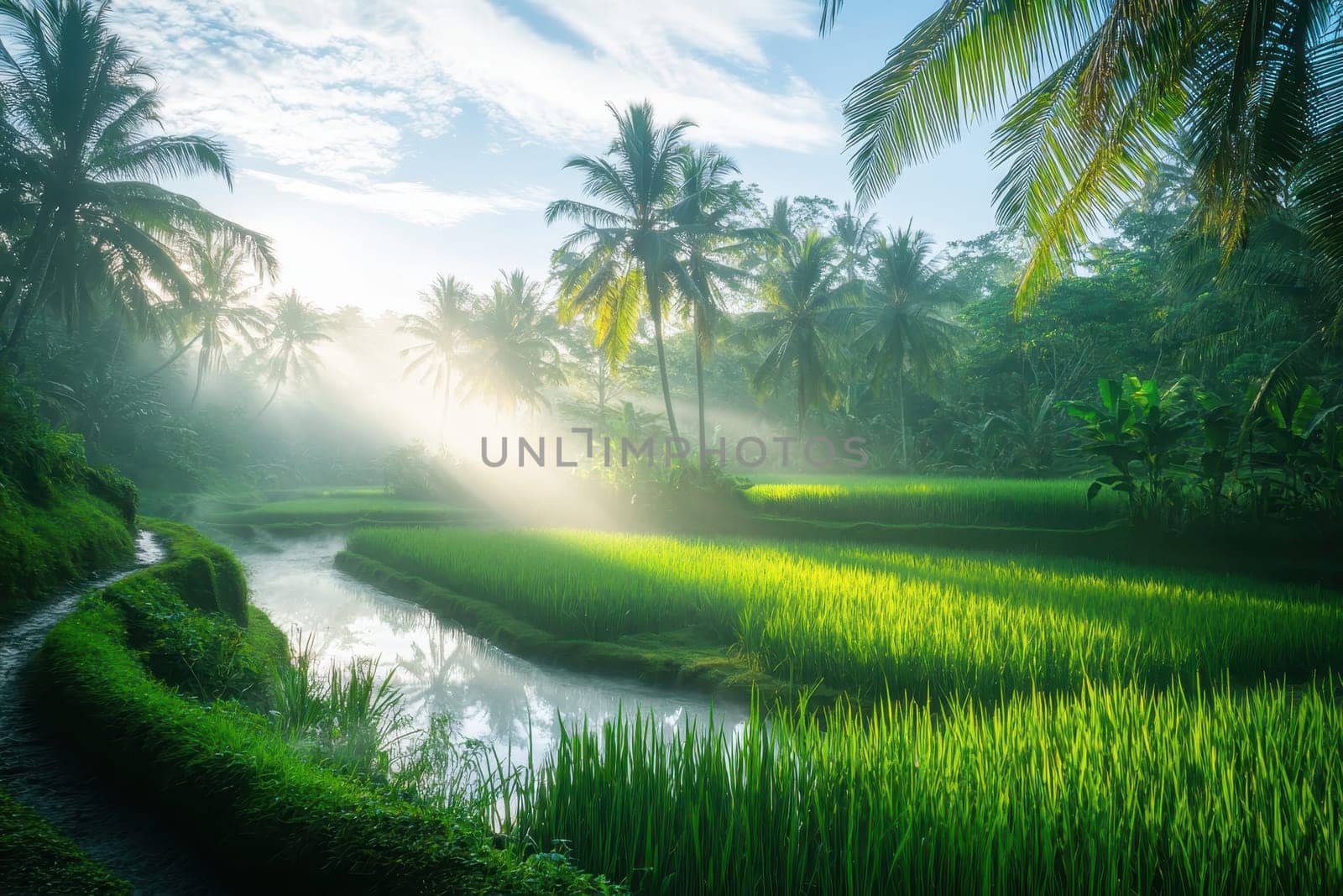 A lush green field with a river running through it. The sun is shining through the trees, creating a peaceful and serene atmosphere