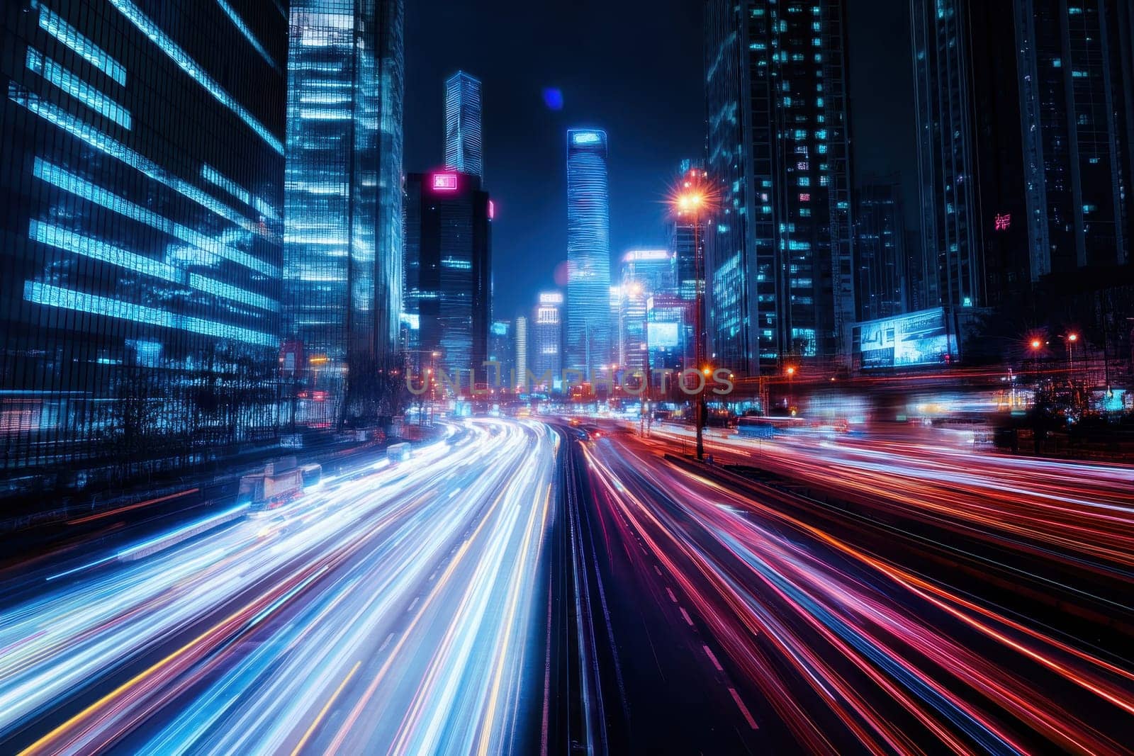 A city street at night with a lot of traffic and bright lights. The city is lit up and the lights from the cars and buildings create a sense of movement and energy