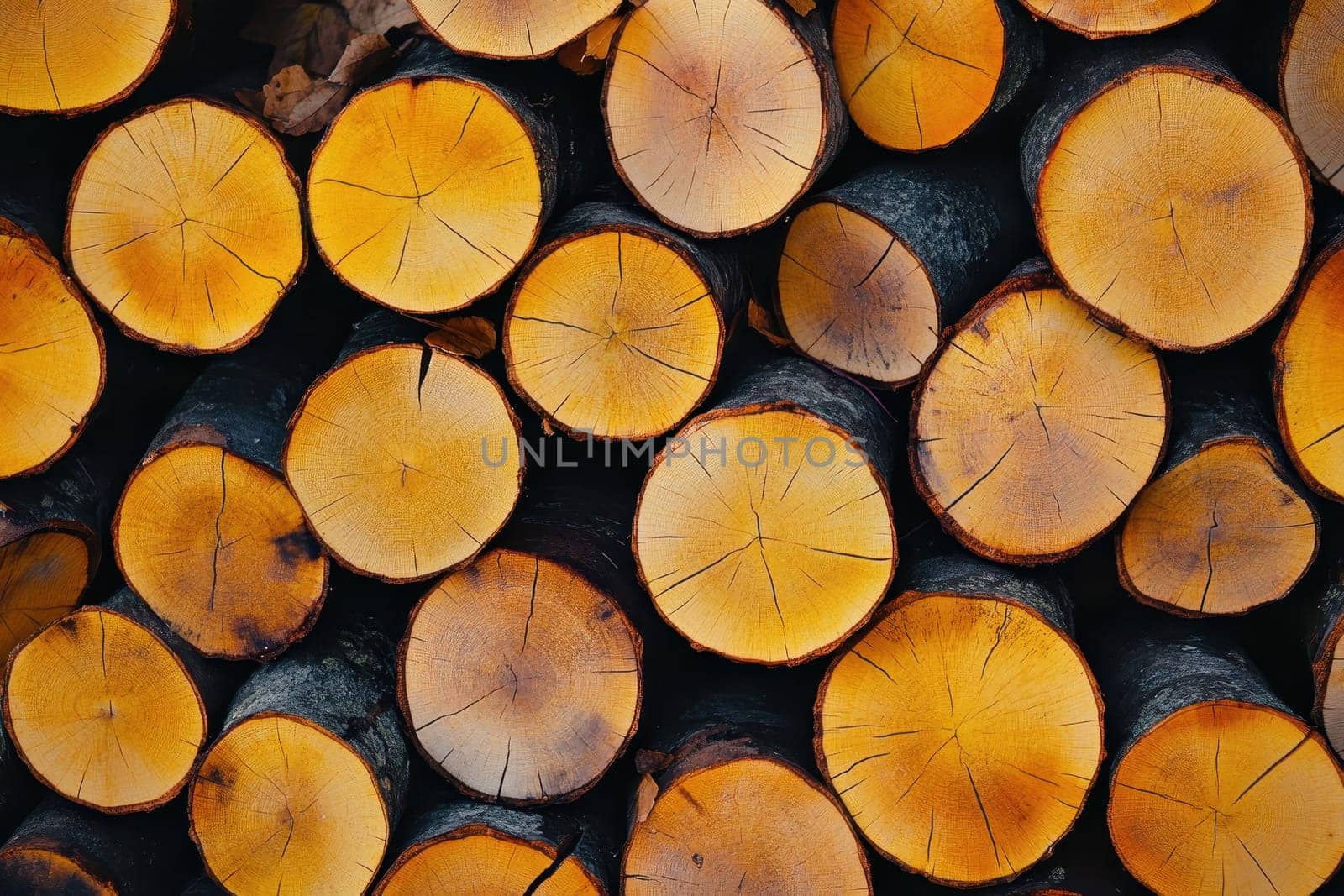 A large pile of logs, with some of them being cut in half. The logs are arranged in a way that creates a sense of depth and texture, with some of them overlapping each other
