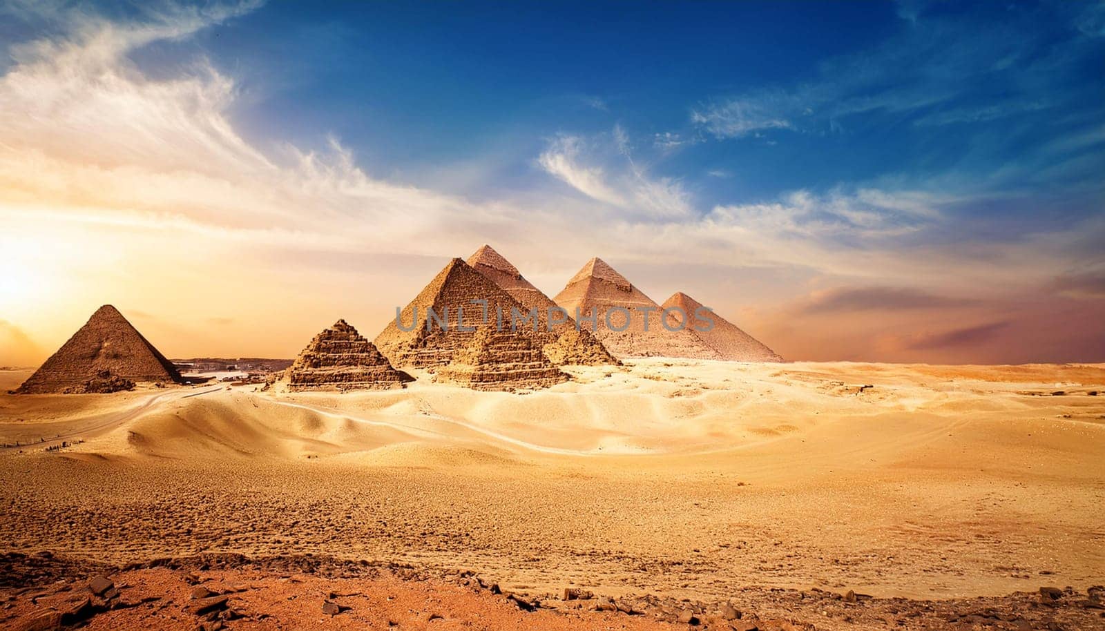 ancient egyptian pyramids in the desert sand, AI generated image