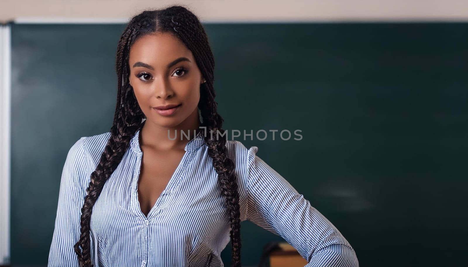 pretty young woman with blue eyes and braids in the classroom, AI generated image