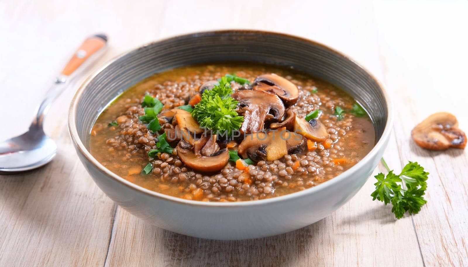 lentil soup with quinoa and mushrooms vegetarian food, AI generated image