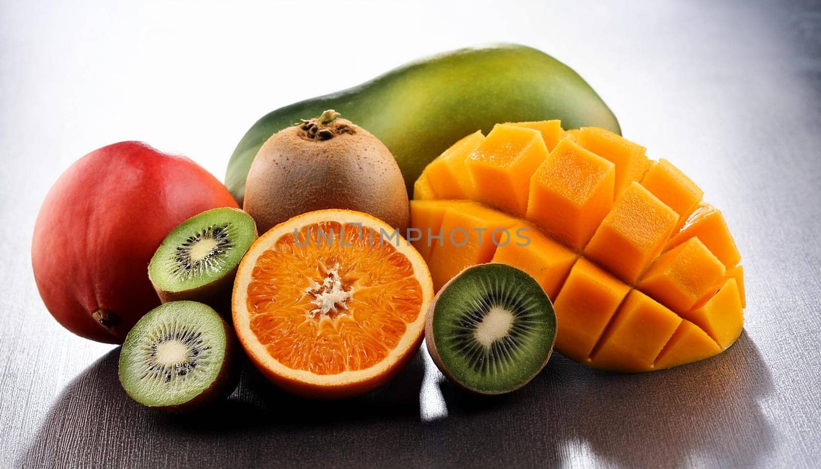 exotic fruits including mango papaya kiwi, AI generated image