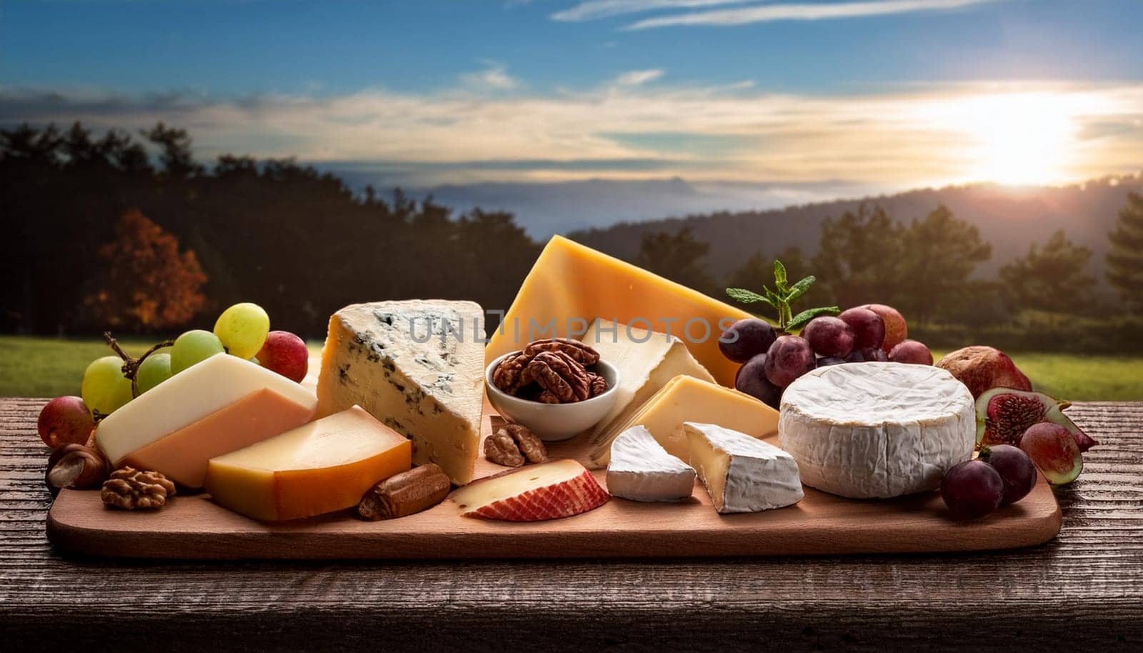 mixed cheeses cutting board, AI generated image