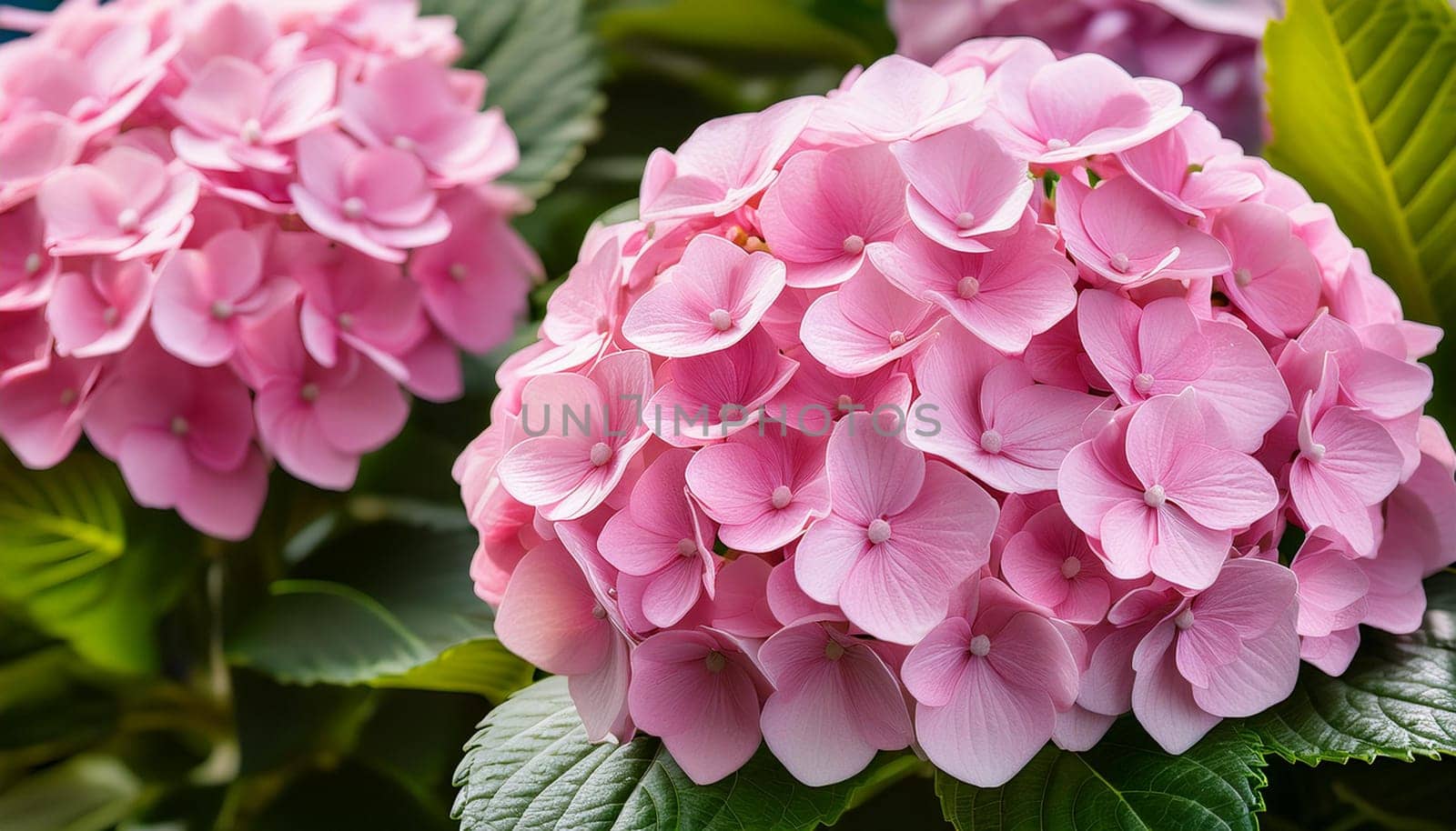pink hortensia hydrangea flowers, AI generated image