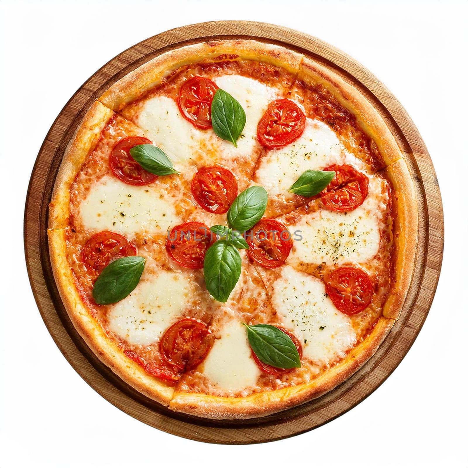 pizza margherita top flat view over white, AI generated image