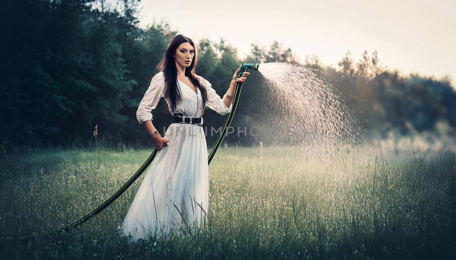 pretty young woman watering garden meadow, AI generated image