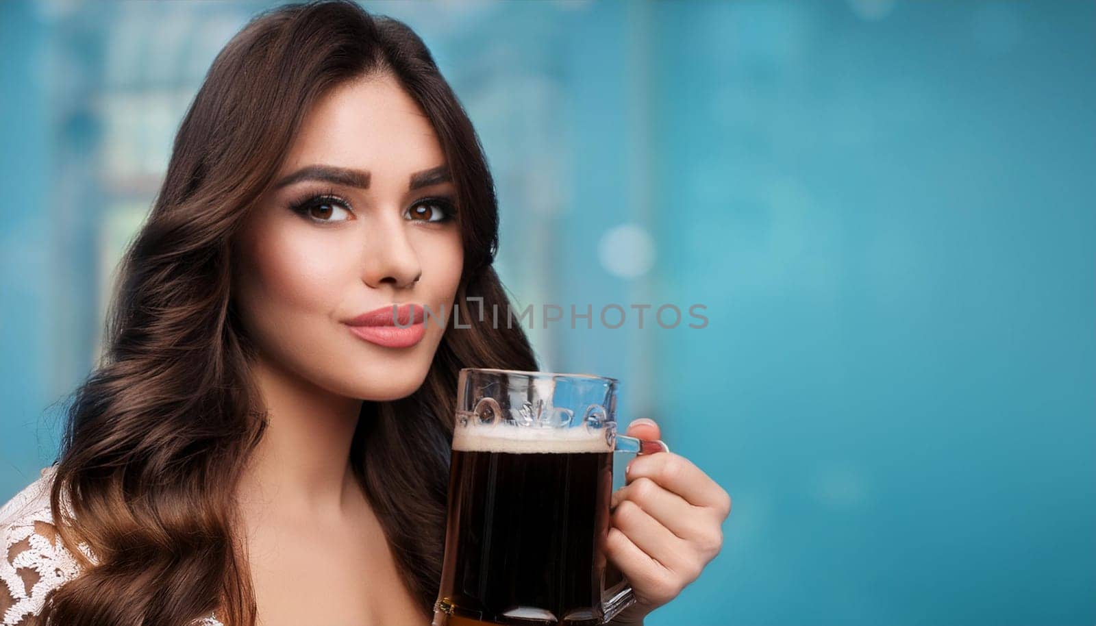 pretty young woman drinking stout beer, AI generated image