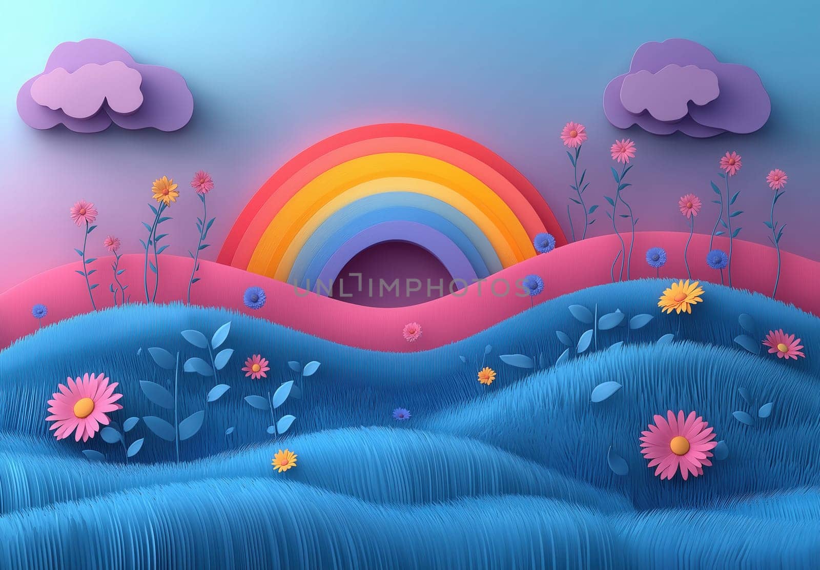 Poster for kids with rainbow over field. Selective focus.