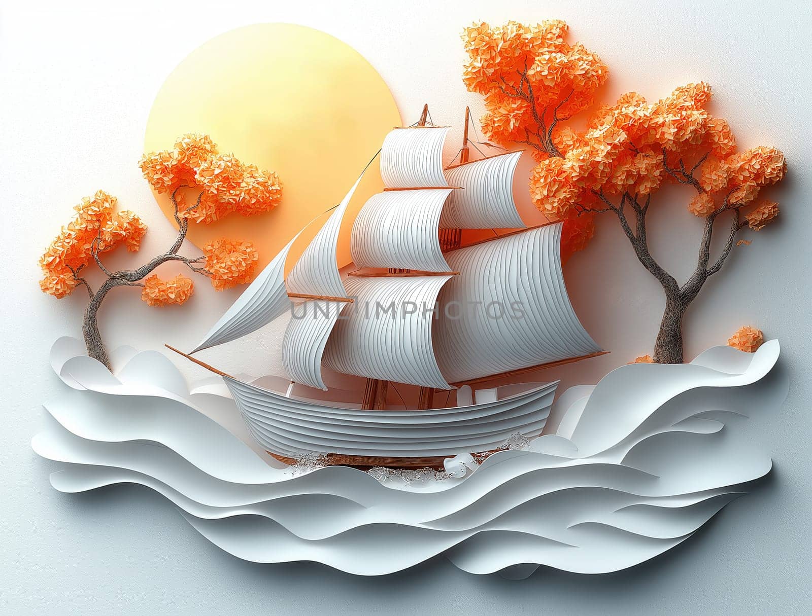 A ship with white sails on a white background. Selective focus.