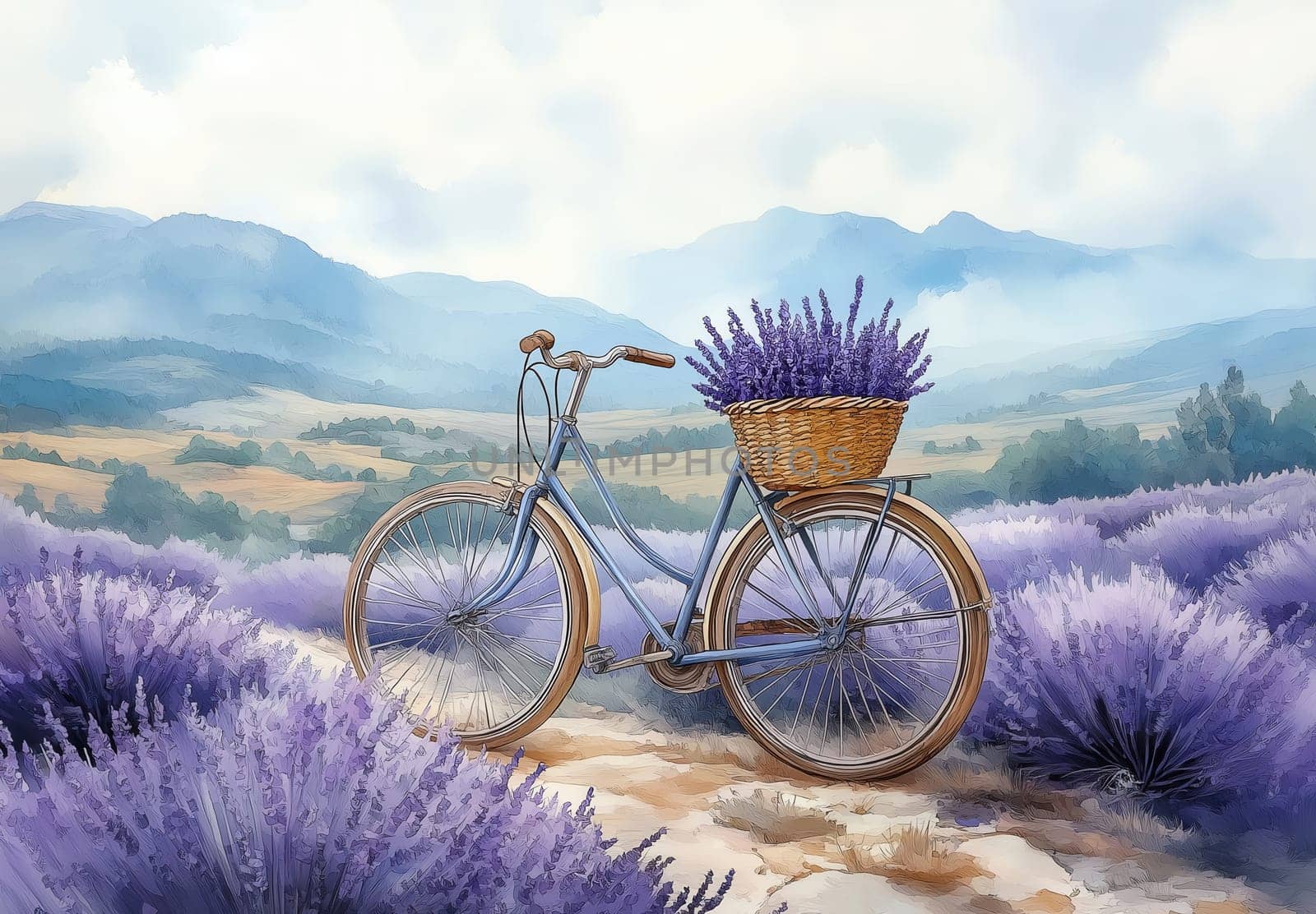 Watercolor, bicycle with basket of lavender flowers in lavender field. Selective focus.