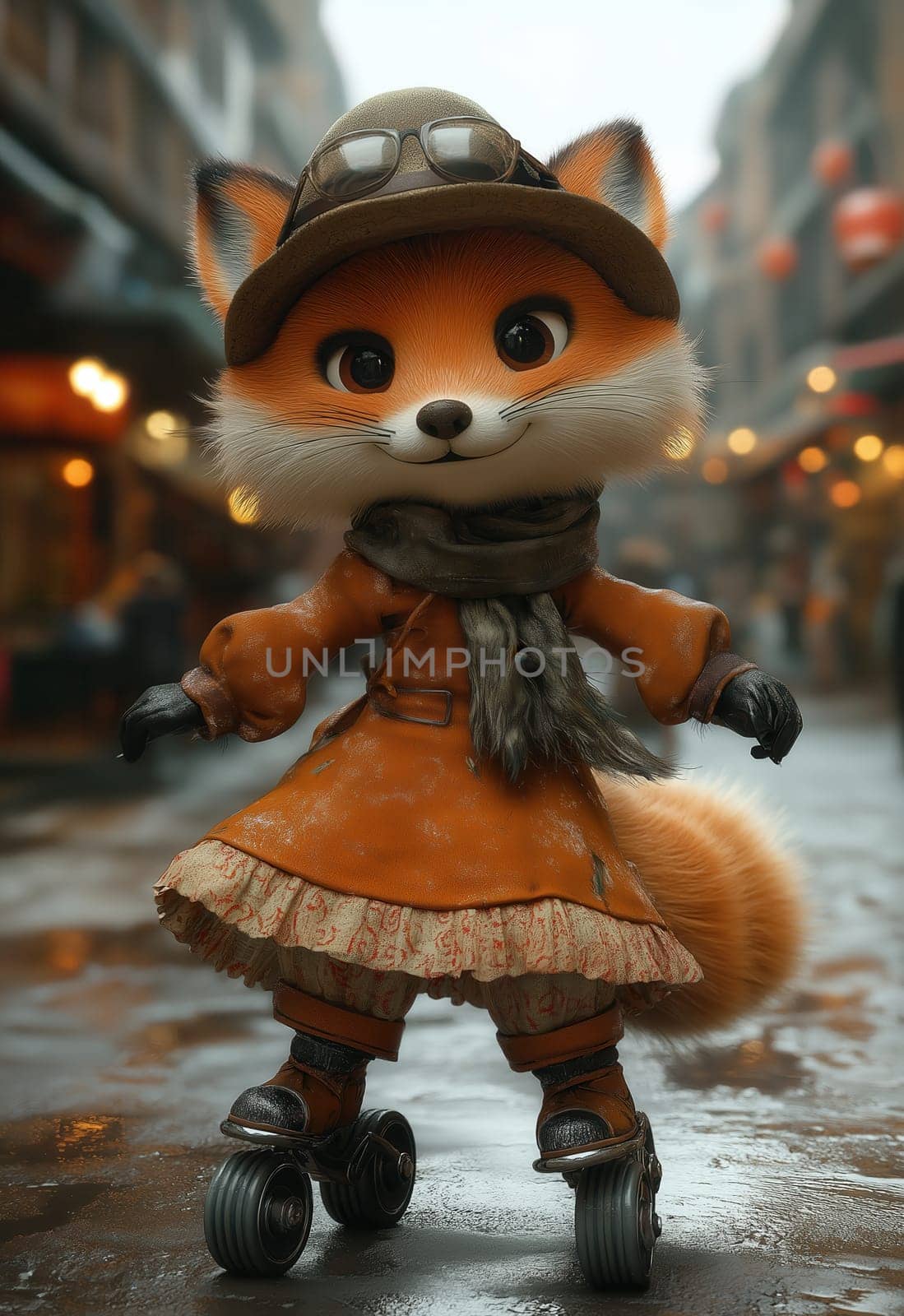 Cartoon fox rollerblading on a city street. Selective focus.