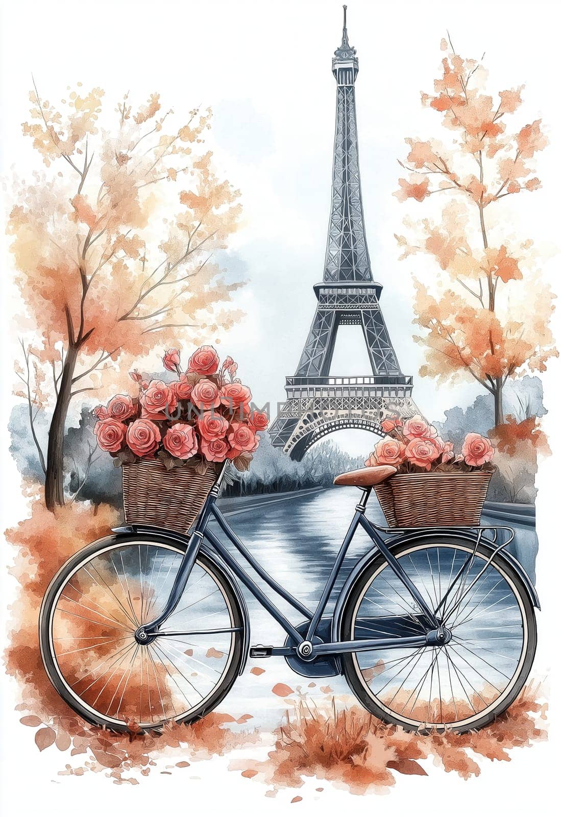 Bicycle with a basket of flowers against the backdrop of the Eiffel Tower. Selective focus.