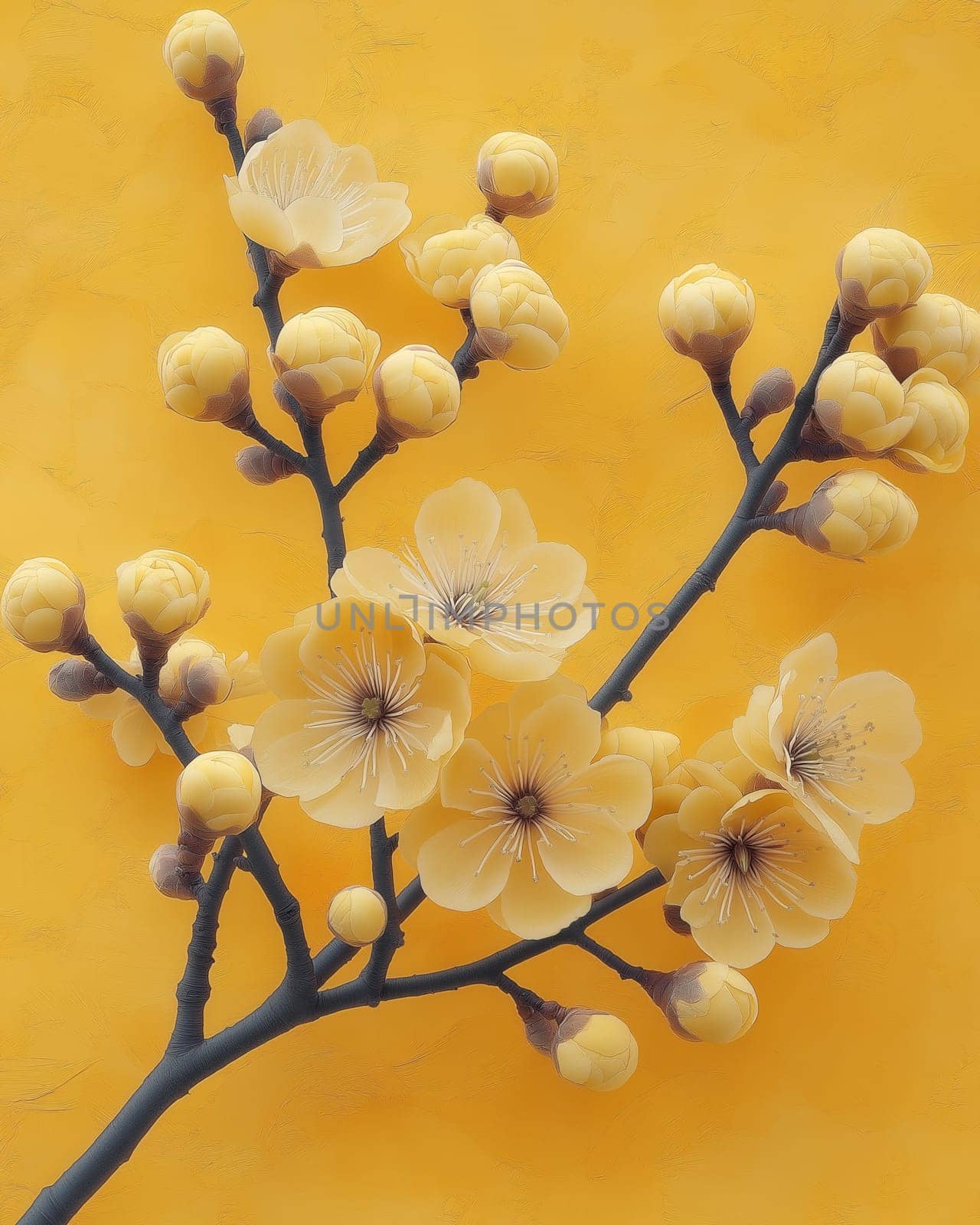 A branch with yellow flowers on a yellow textured background. Selective focus.