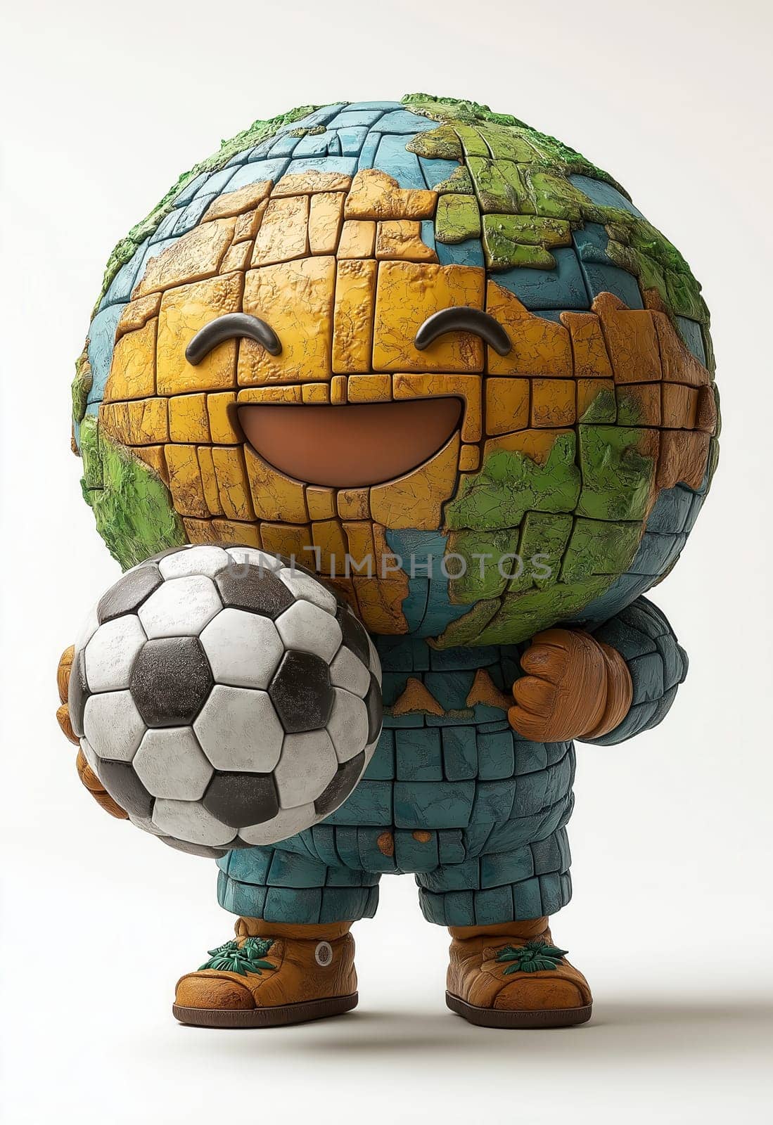 A cartoon globe holds a soccer ball in its hands. Selective focus.