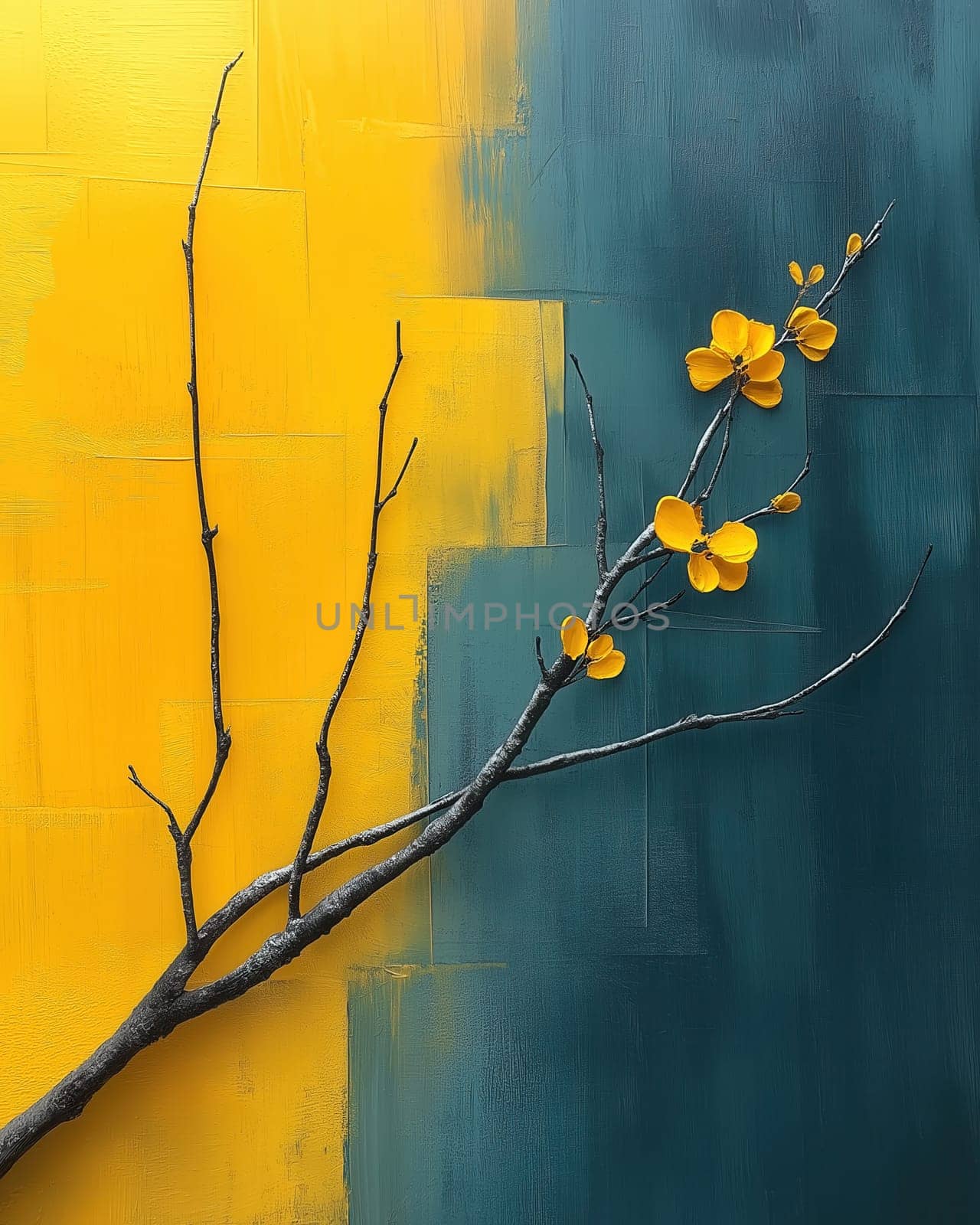 A branch with yellow flowers on a colored textured background. Selective focus.