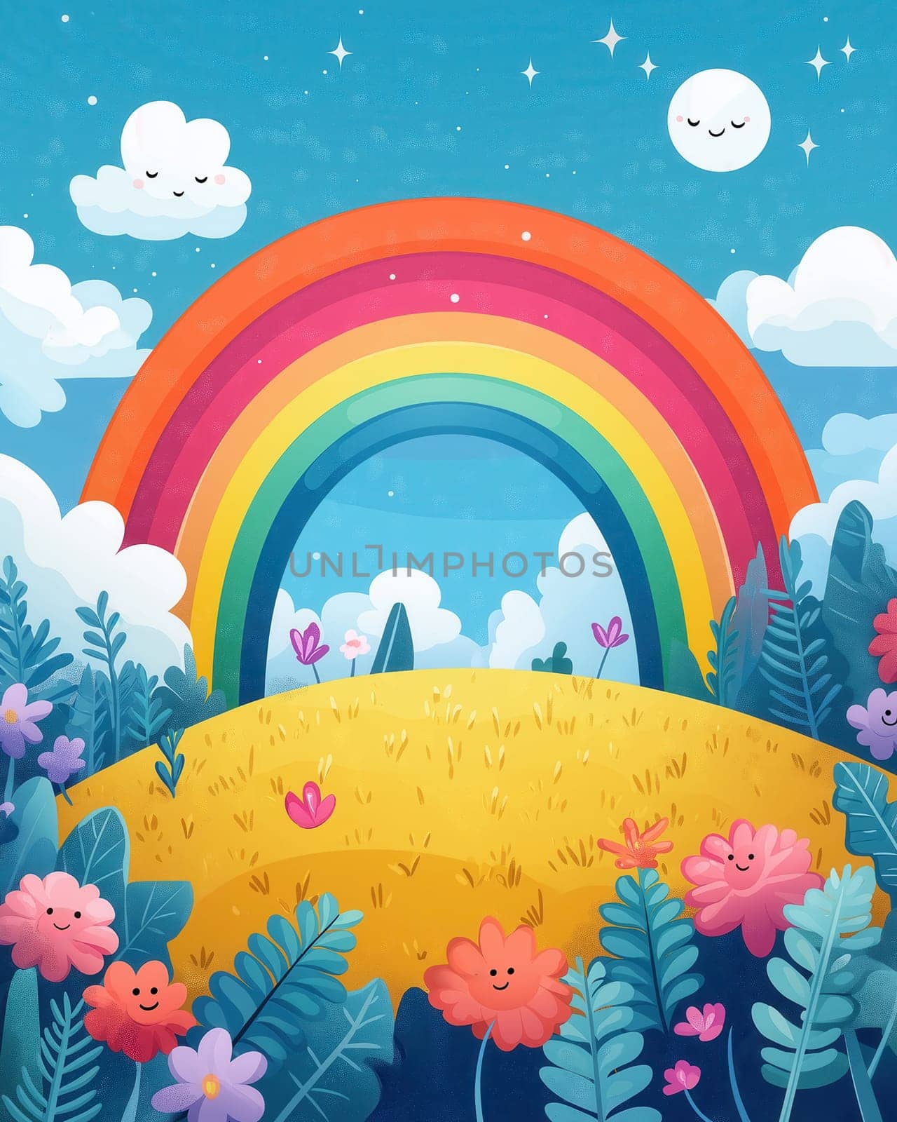 Poster for kids with rainbow over field. Selective focus.
