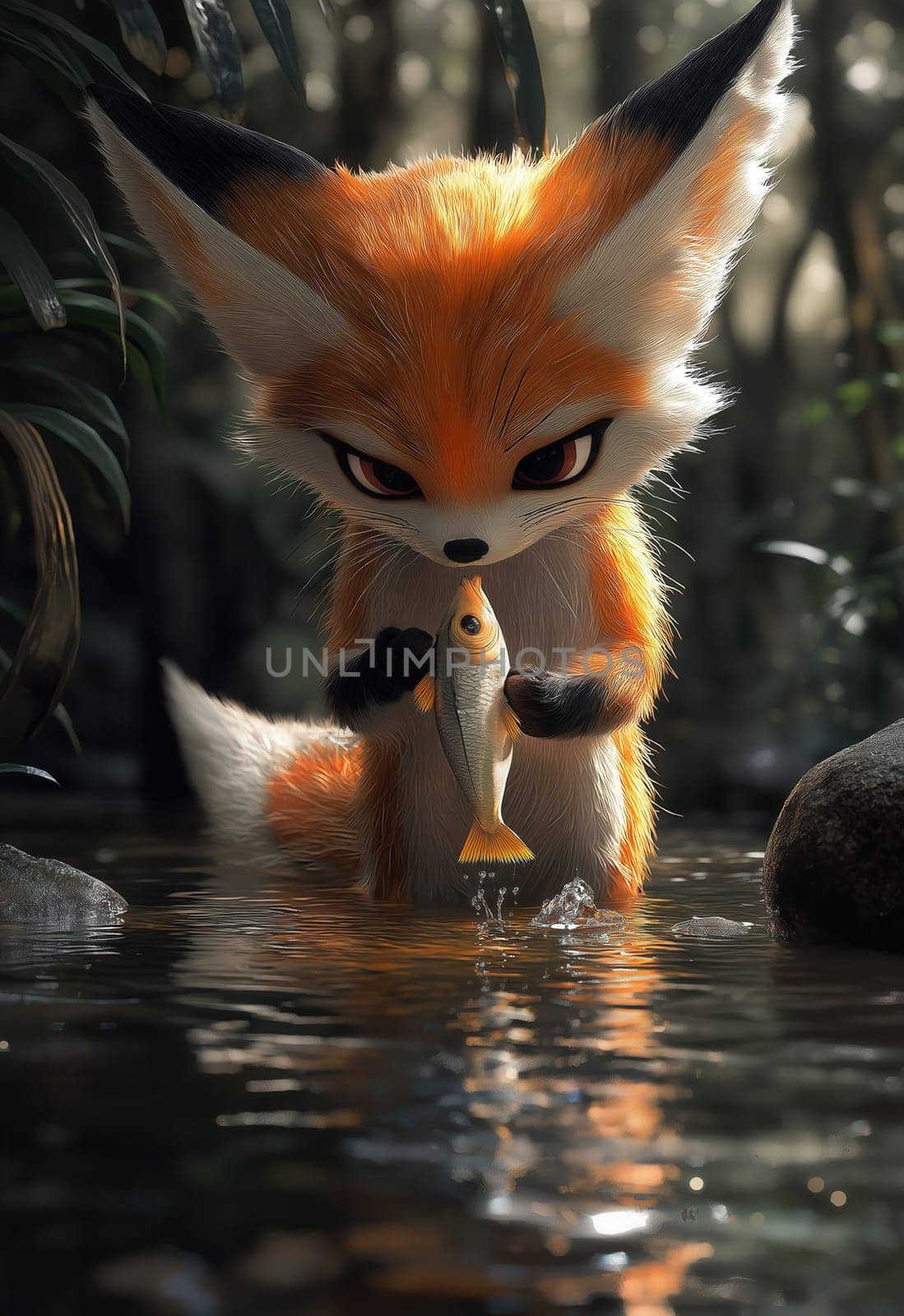 Cartoon fox catching fish. Selective focus.