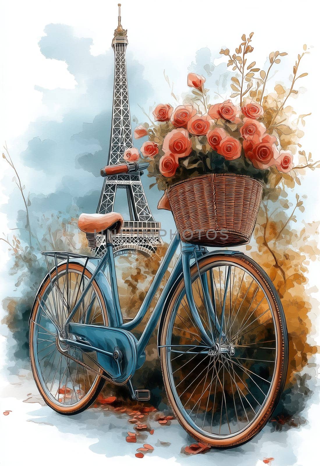 Bicycle with a basket of flowers against the backdrop of the Eiffel Tower. Selective focus.