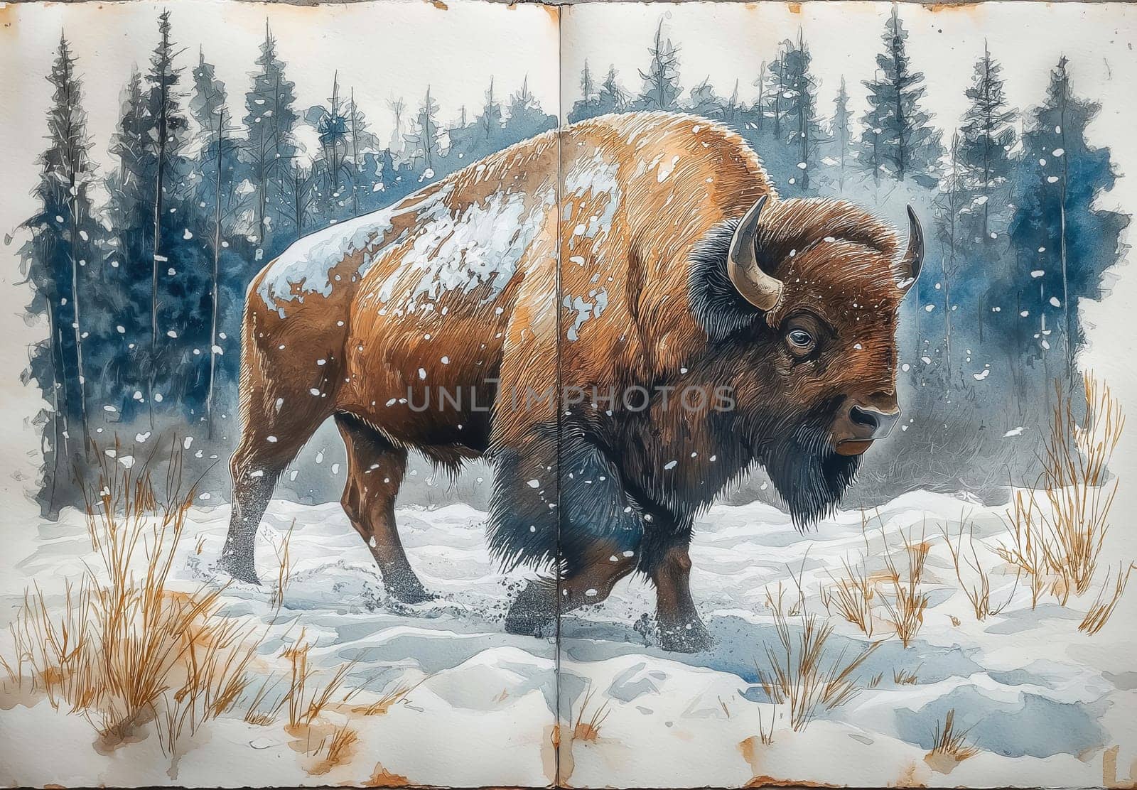 Watercolor bison walking in the snow. Selective focus.