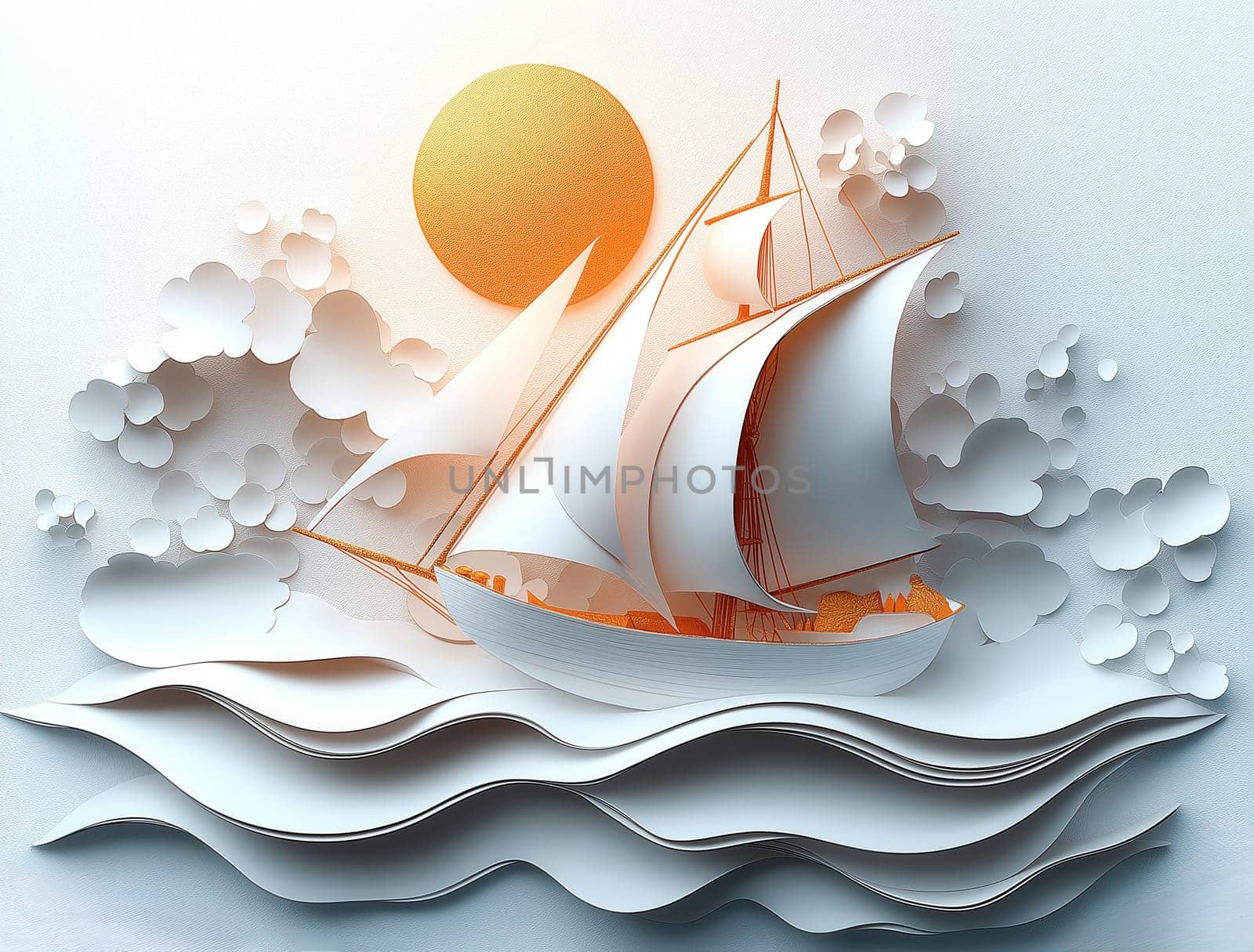 A ship with white sails on a white background. Selective focus.