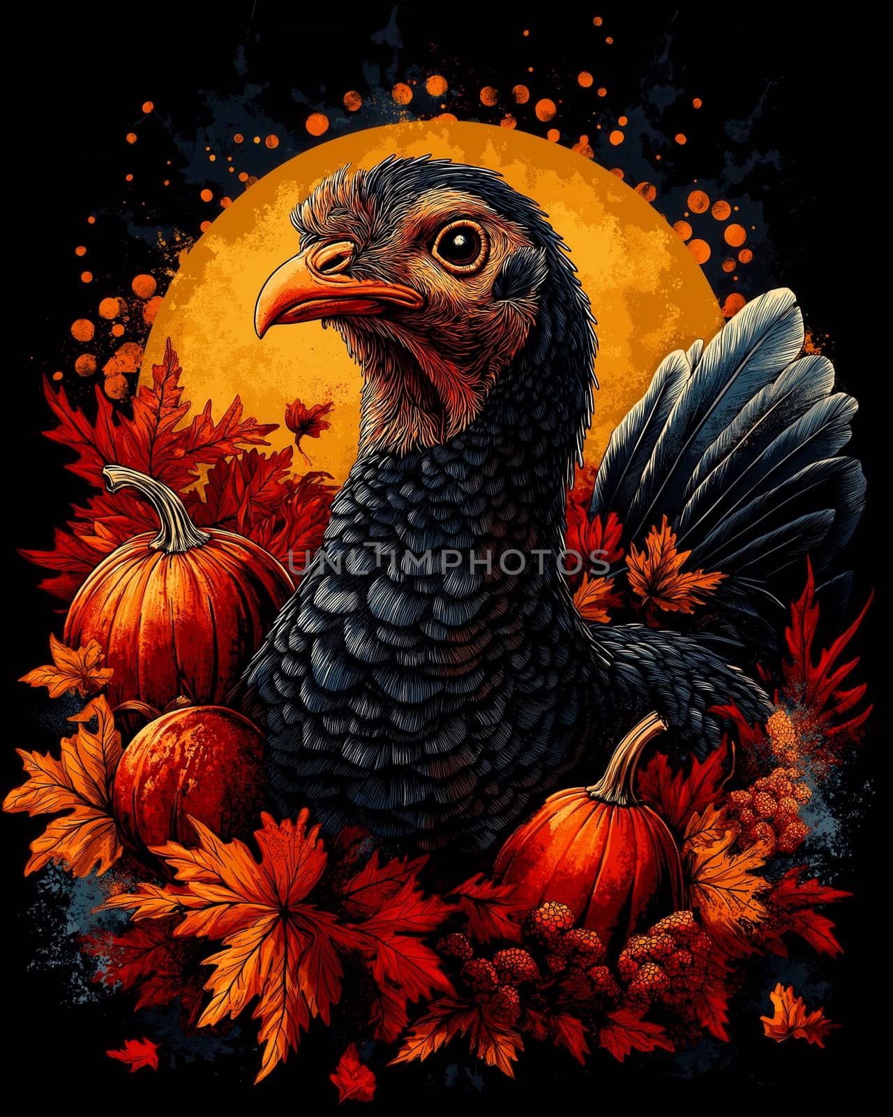 Colorful turkey with pumpkins on dark background. Selective focus.
