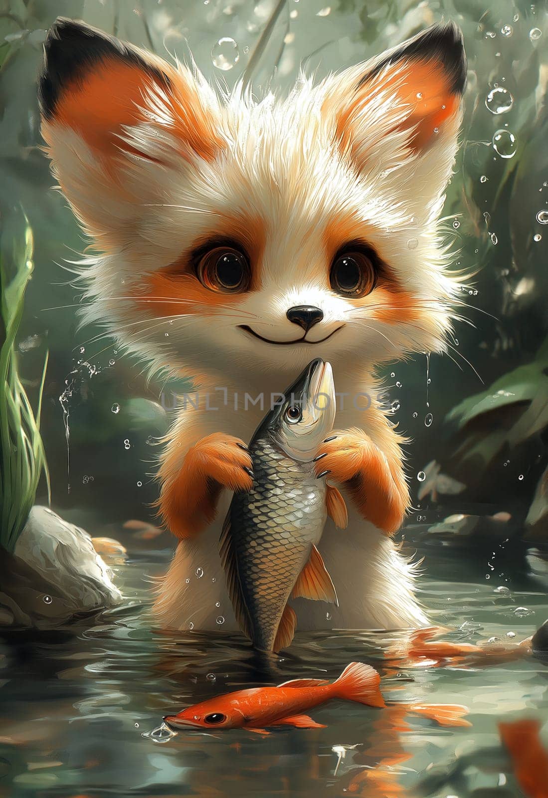 Cartoon fox catching fish. Selective focus.
