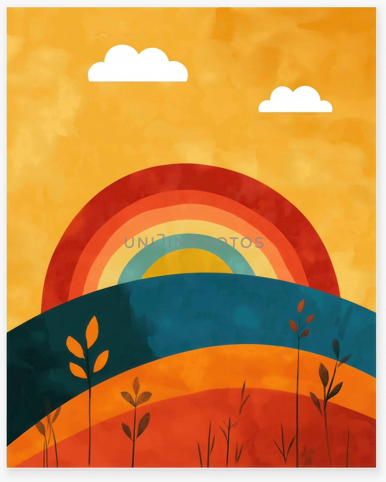 Poster for kids with rainbow over field. Selective focus.