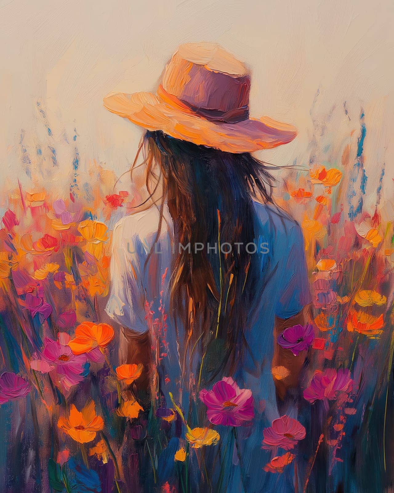 Colorful oil painting, girl in hat in field of flowers. Selective focus.