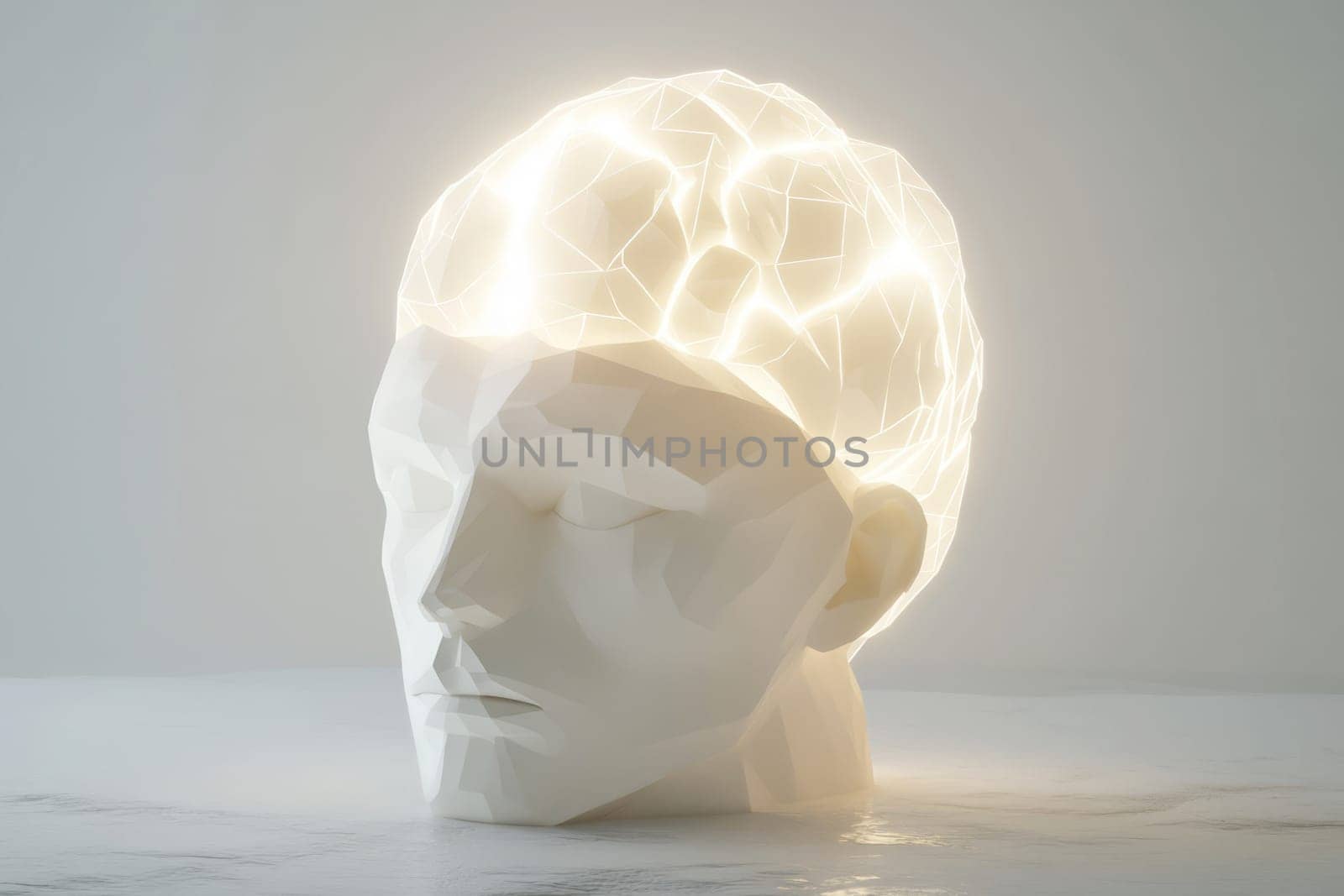 White sculpture of a head with glowing thoughts in the brain. Concept for psychiatry or the science of mental health. Neurons activity.