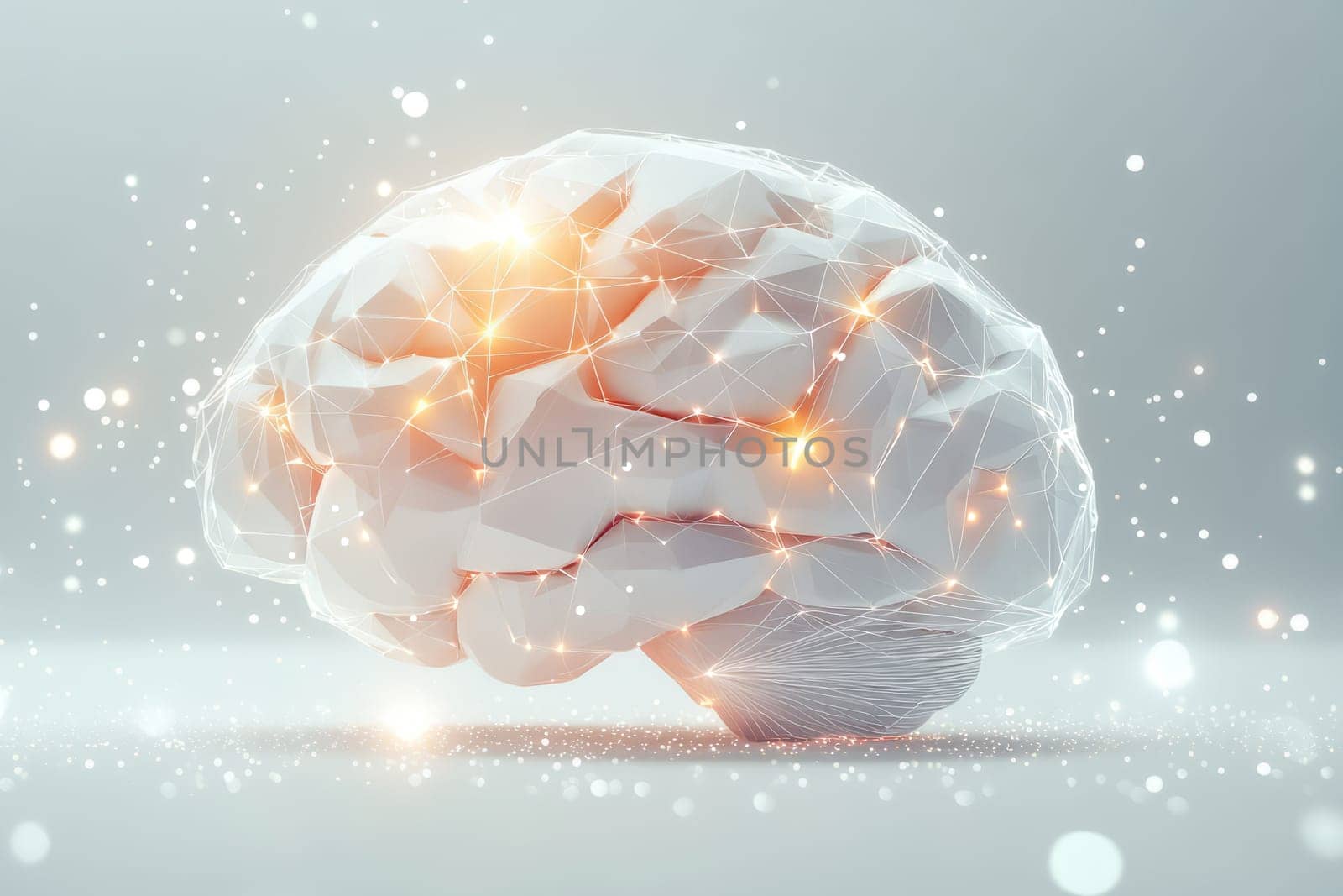 Brain on white background with glowing neurons and connections. Cerebrum
