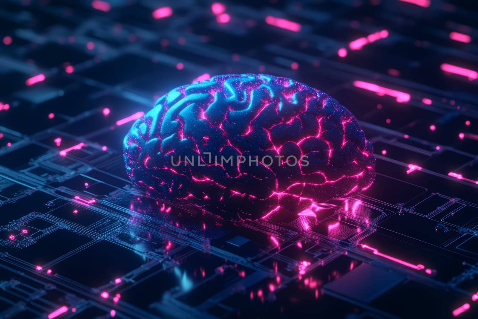 Brain on microcircuit background with glowing neurons and connections. The concept of replacing the human brain with artificial intelligence