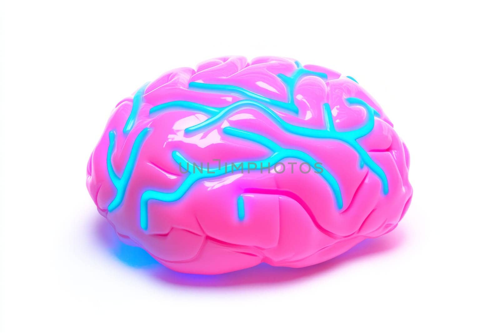 Pink brain isolated on white background with neurons and connections. The concept of replacing the human brain with artificial intelligence