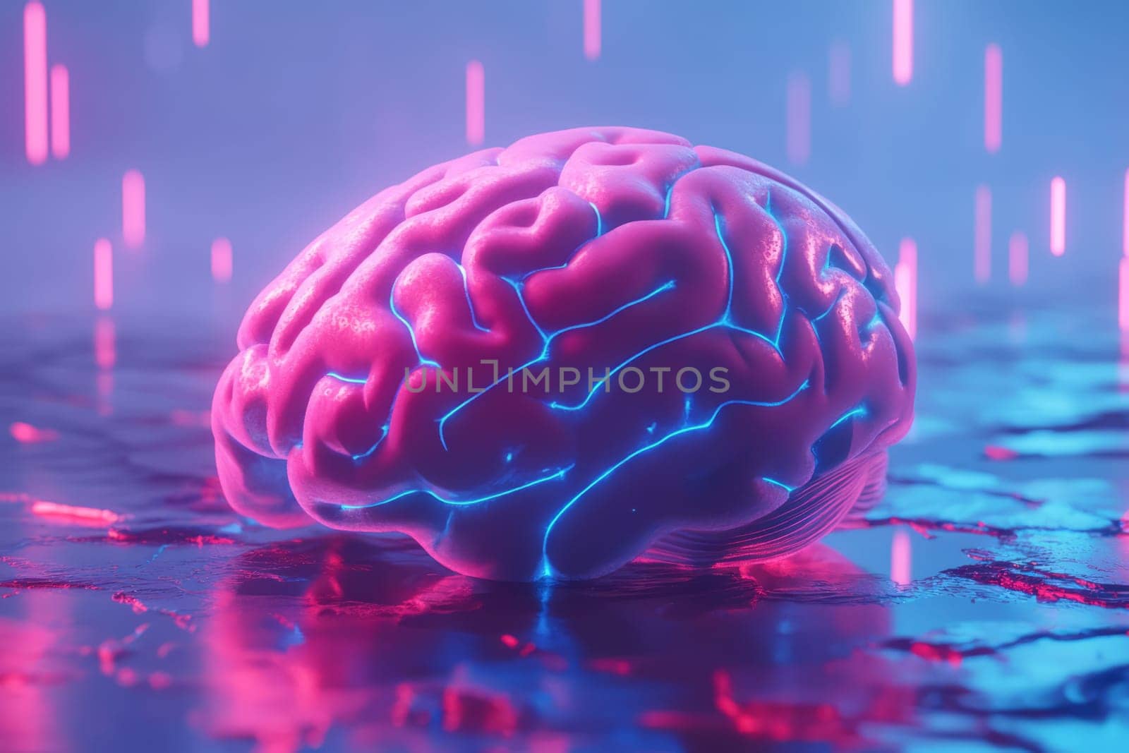 Brain on microcircuit background with glowing neurons and connections. The concept of replacing the human brain with artificial intelligence