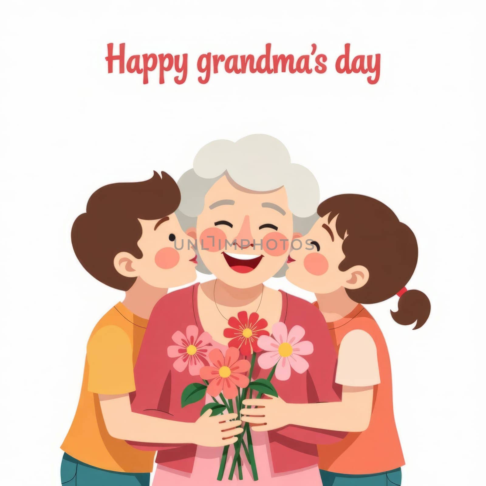The grandchildren hug their grandmother and bouquet flowers. Women's, grandparents,Mother's and grandma's day.