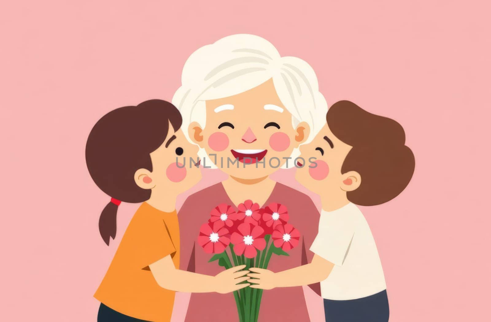 The grandchildren hug their grandmother and bouquet flowers. Women's, grandparents,Mother's and grandma's day.